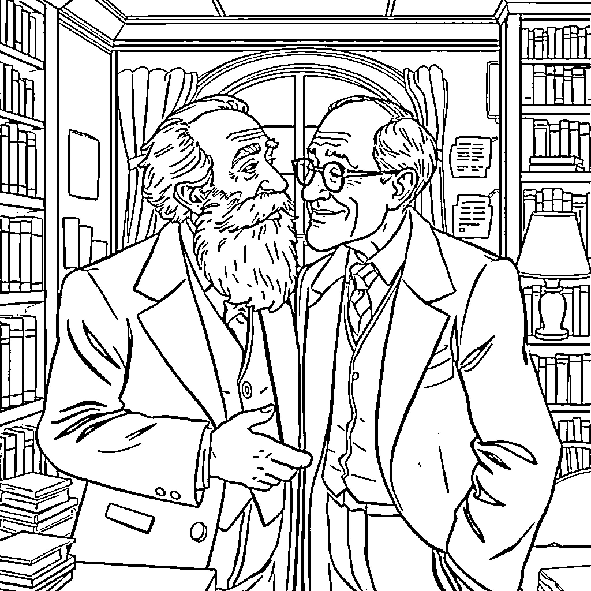 Sigmund Freud and Colleague Engaged in Discussion Coloring Page (free black-and-white line drawing printable PDF for all, from beginners to advanced learners, including children, teens, adults, and seniors)