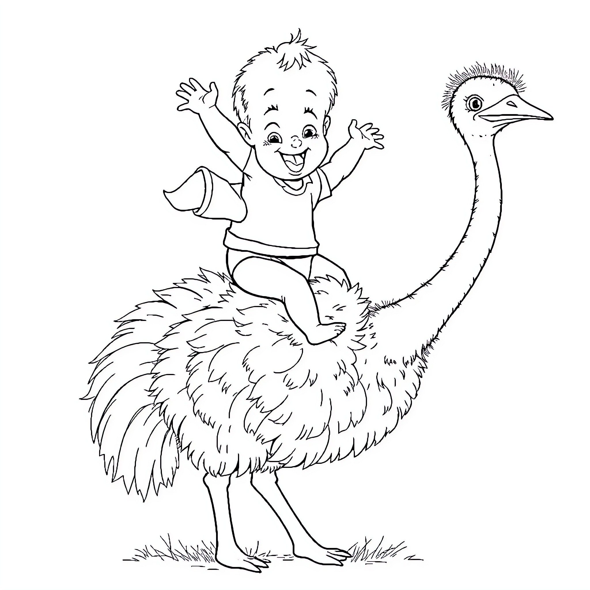 Baby riding happily on an ostrich Coloring Page (free black-and-white line drawing printable PDF for all, from beginners to advanced learners, including children, teens, adults, and seniors)