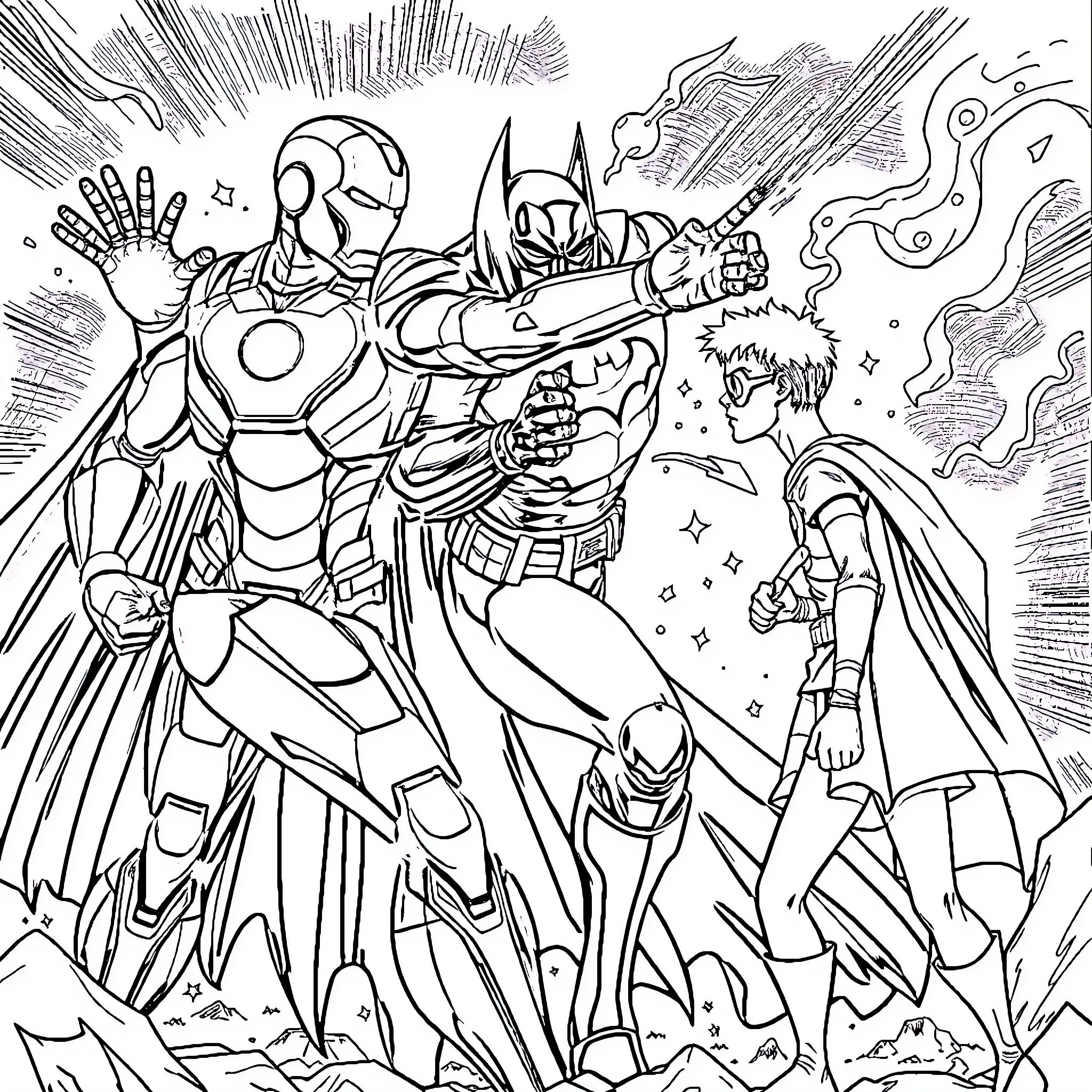 Ironman and Batman epic battle with special effects Coloring Page (free black-and-white line drawing printable PDF for all, from beginners to advanced learners, including children, teens, adults, and seniors)