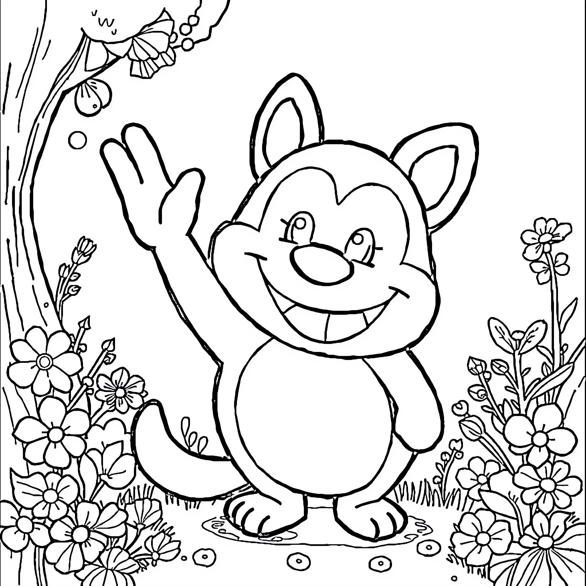 Michou the Happy Cartoon Character in a Floral Scene Coloring Page (free black-and-white line drawing printable PDF for all, from beginners to advanced learners, including children, teens, adults, and seniors)