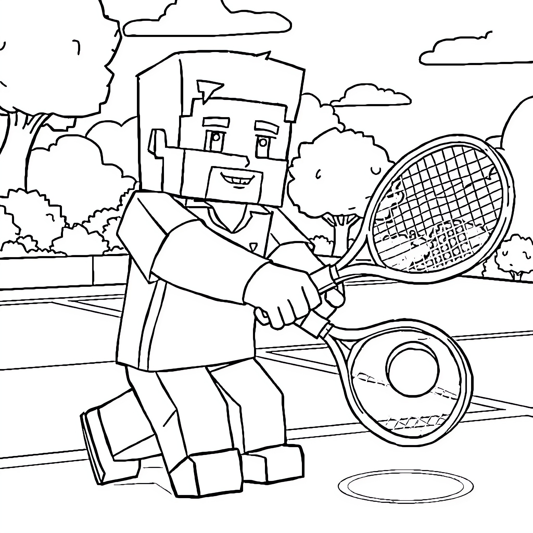 Steve Playing Tennis in the Park Coloring Page (free black-and-white line drawing printable PDF for all, from beginners to advanced learners, including children, teens, adults, and seniors)