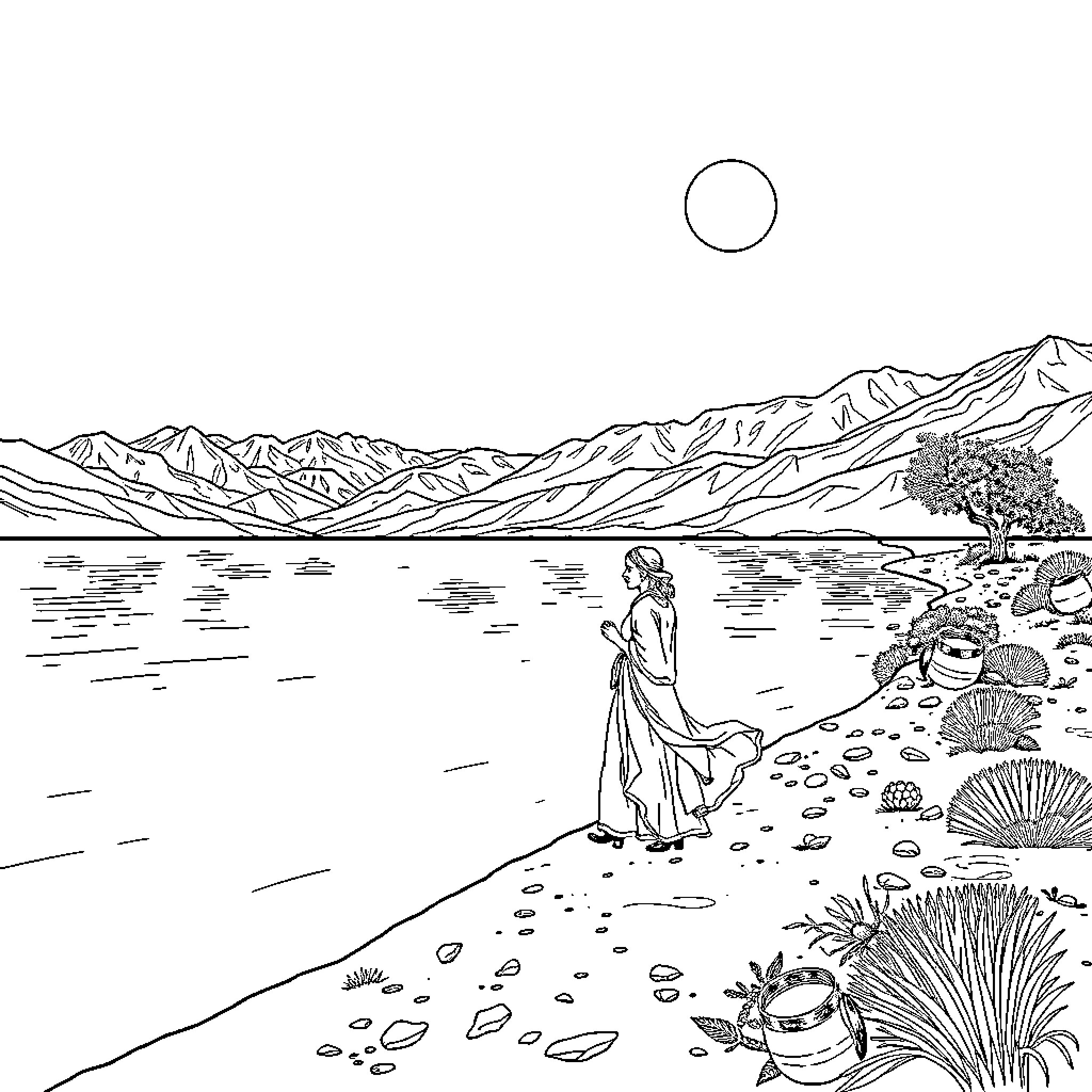 Woman walking peacefully along the lakeside Coloring Page (free black-and-white line drawing printable PDF for all, from beginners to advanced learners, including children, teens, adults, and seniors)