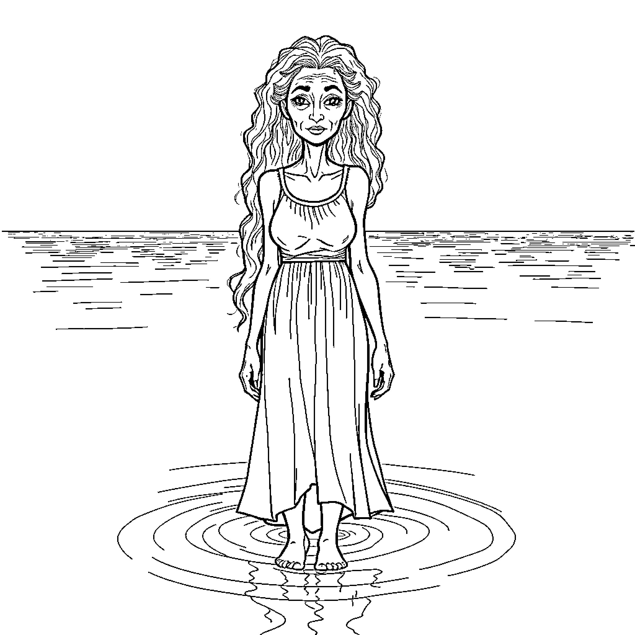 Woman standing confidently in tranquil waters Coloring Page (free black-and-white line drawing printable PDF for all, from beginners to advanced learners, including children, teens, adults, and seniors)