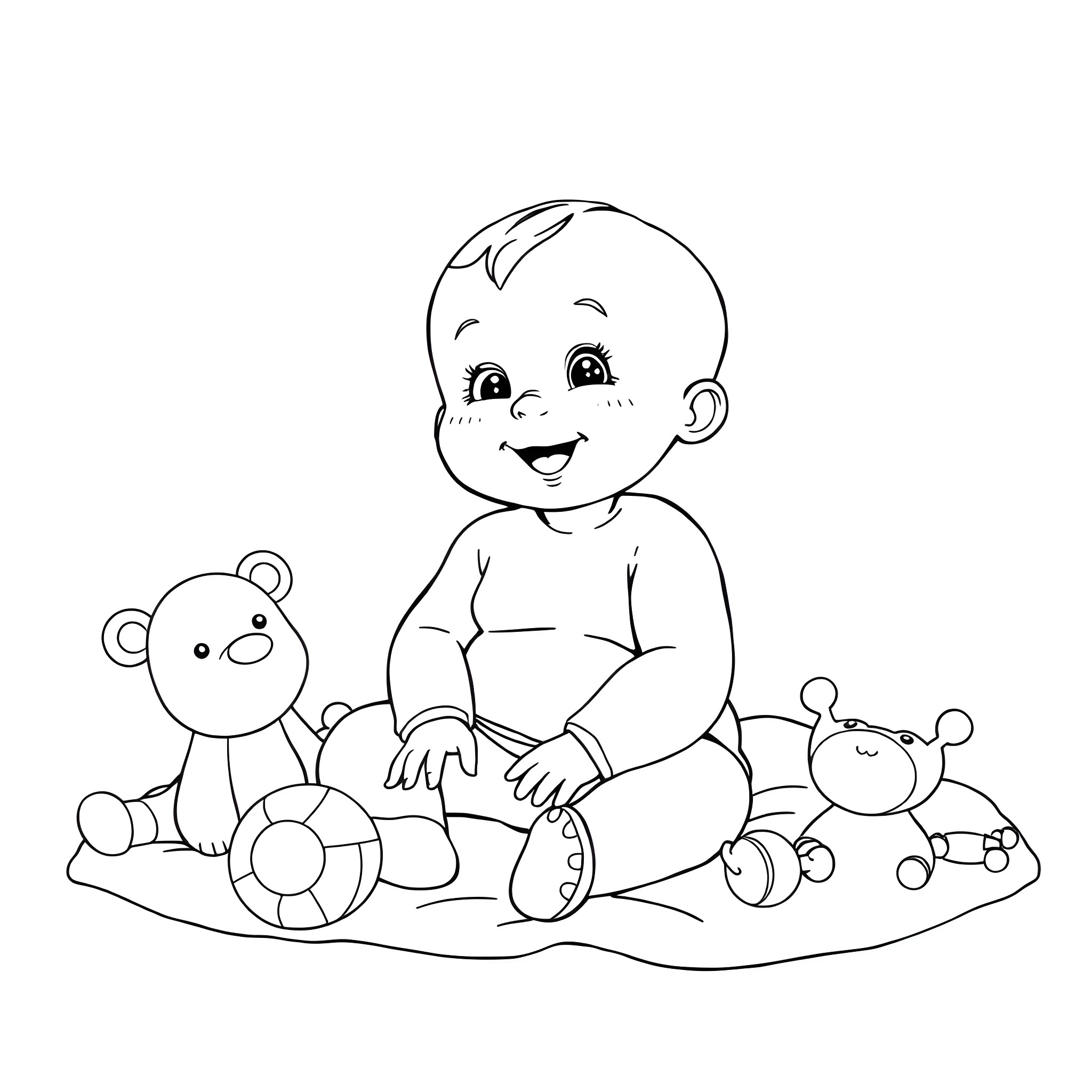 Baby playing with cute stuffed toys Coloring Page (free black-and-white line drawing printable PDF for all, from beginners to advanced learners, including children, teens, adults, and seniors)