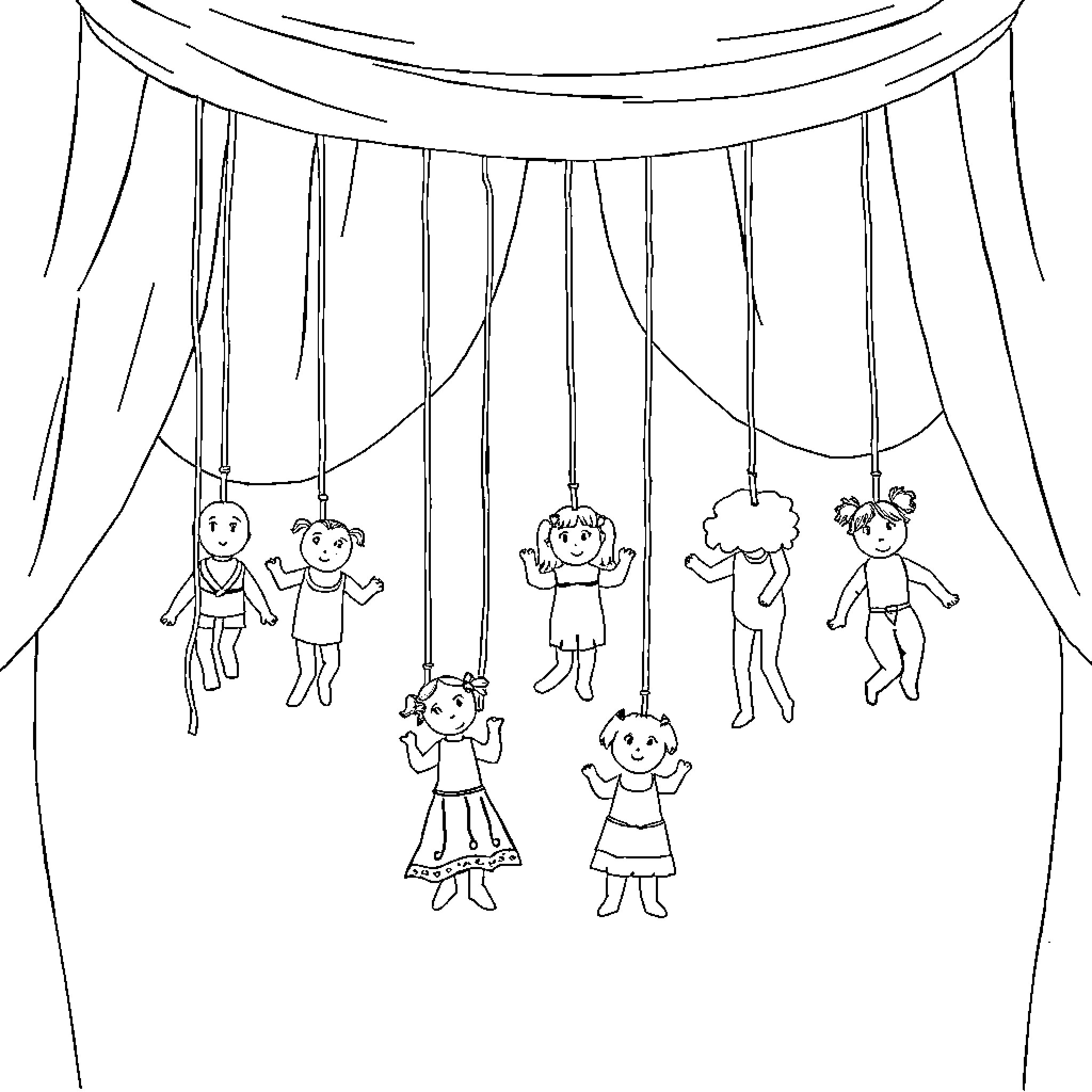 Puppet Theater with Performing Figures Coloring Page (free black-and-white line drawing printable PDF for all, from beginners to advanced learners, including children, teens, adults, and seniors)
