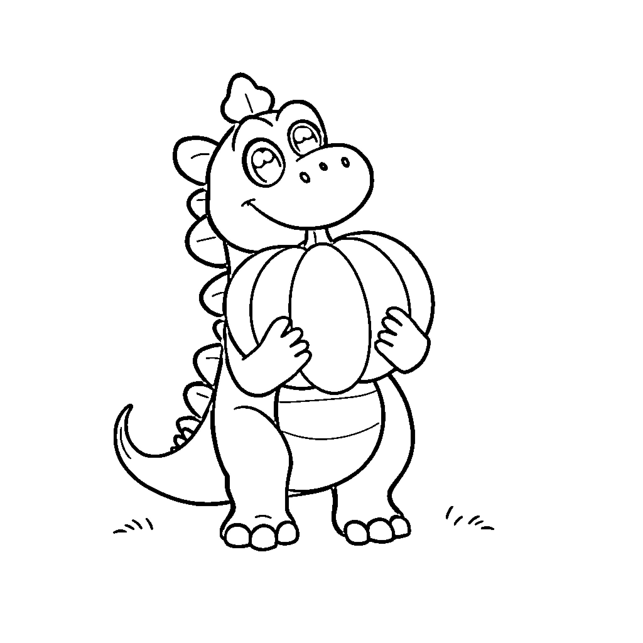 Dinosaur holding a pumpkin and smiling Coloring Page (free black-and-white line drawing printable PDF for all, from beginners to advanced learners, including children, teens, adults, and seniors)