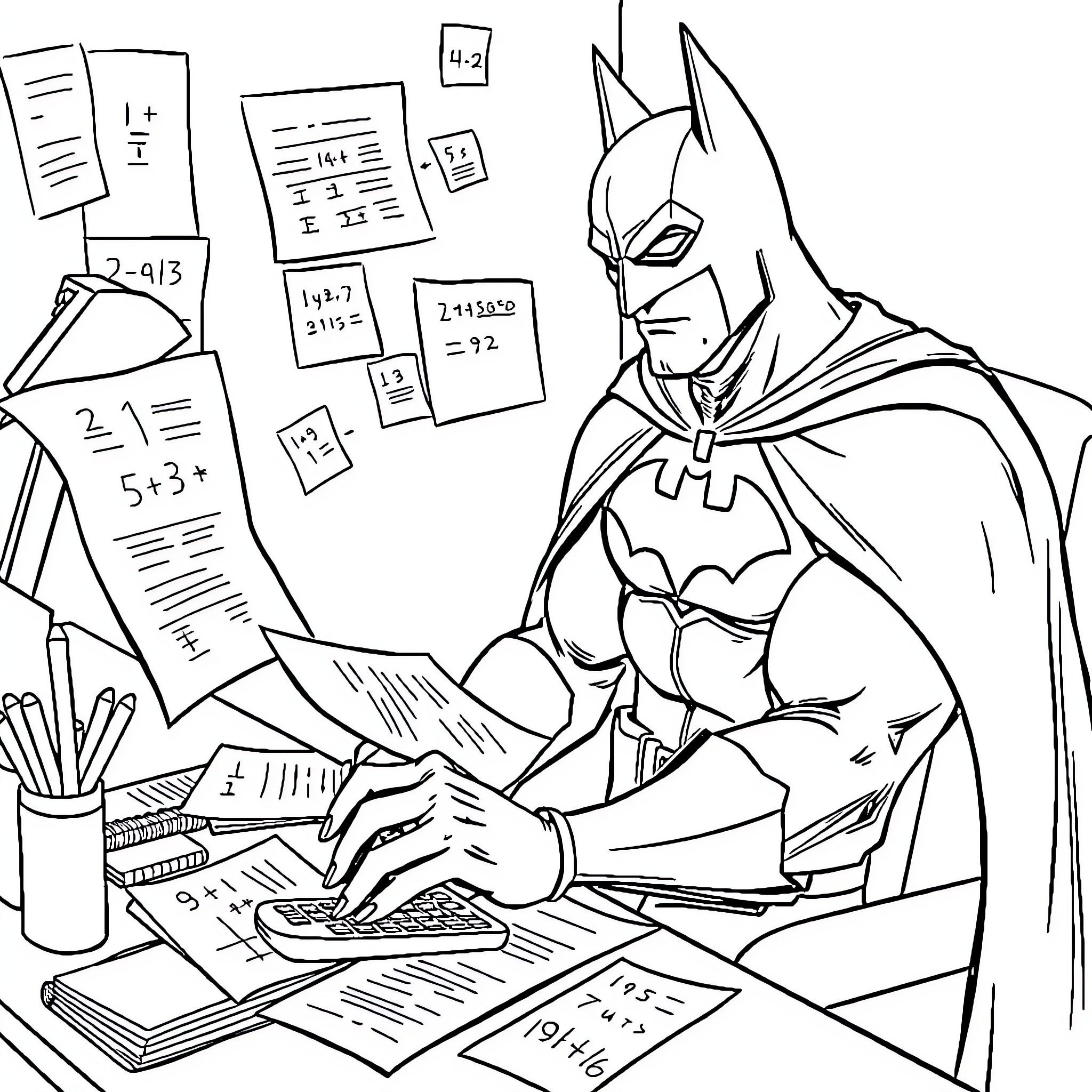 Batman solving complex mathematical equations Coloring Page (free black-and-white line drawing printable PDF for all, from beginners to advanced learners, including children, teens, adults, and seniors)