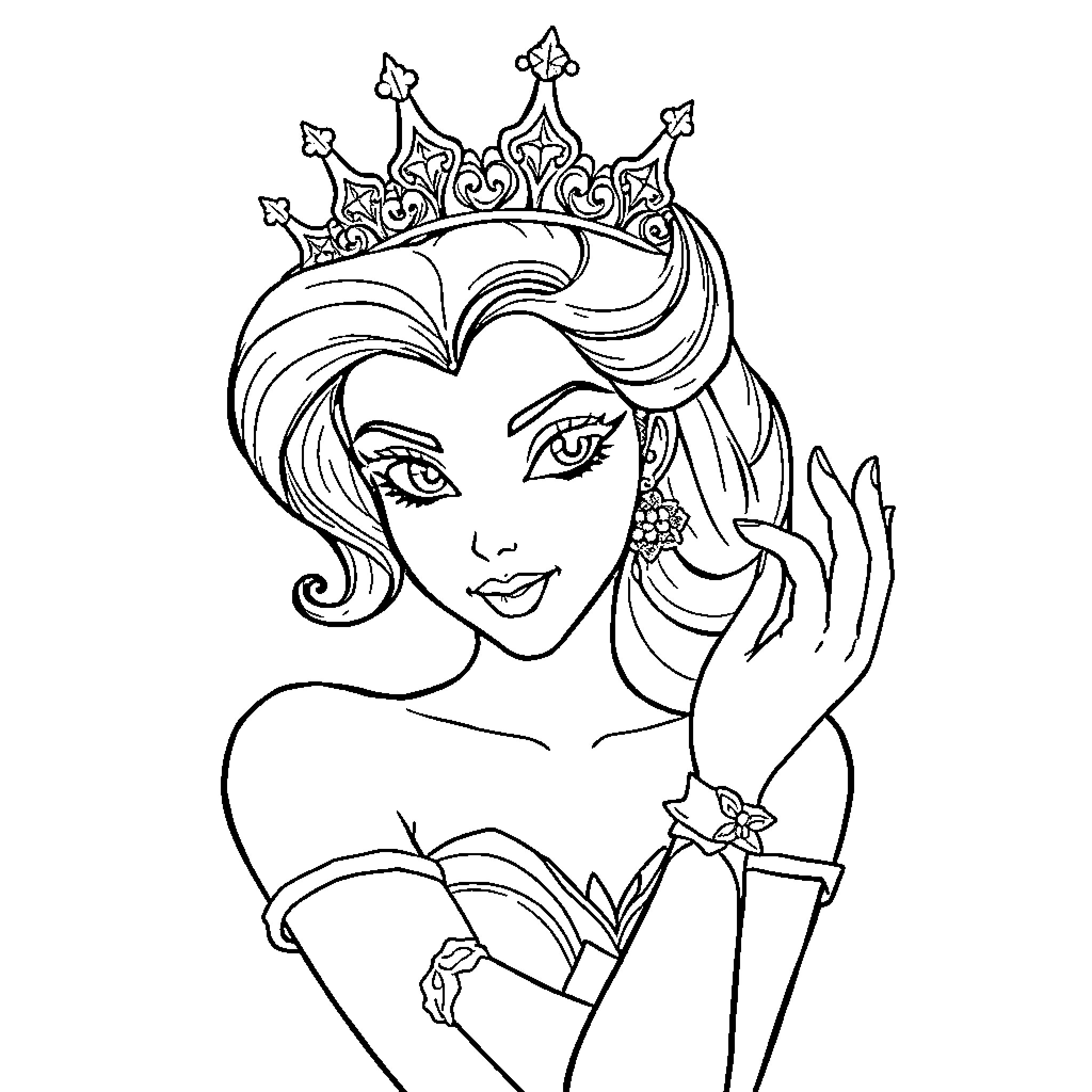 Siren Queen with Intricate Crown and Flowing Hair Coloring Page (free black-and-white line drawing printable PDF for all, from beginners to advanced learners, including children, teens, adults, and seniors)