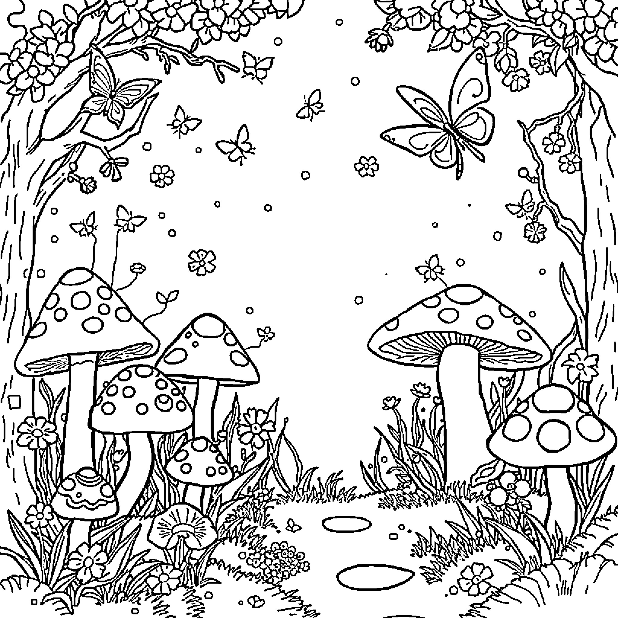Mushroom fantasy scene with butterflies and nature Coloring Page (free black-and-white line drawing printable PDF for all, from beginners to advanced learners, including children, teens, adults, and seniors)