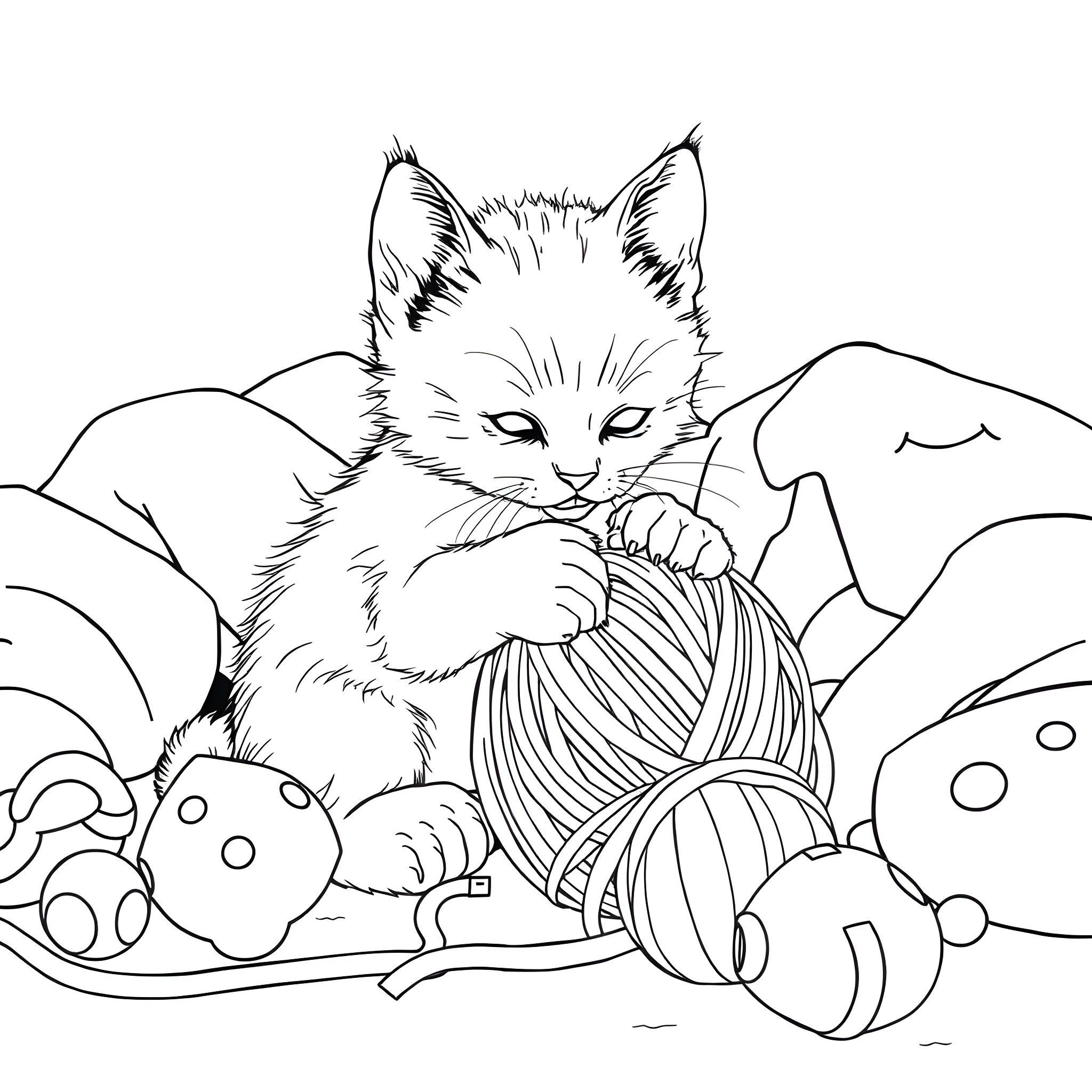Kit playing with yarn in the natural scenery Coloring Page (free black-and-white line drawing printable PDF for all, from beginners to advanced learners, including children, teens, adults, and seniors)