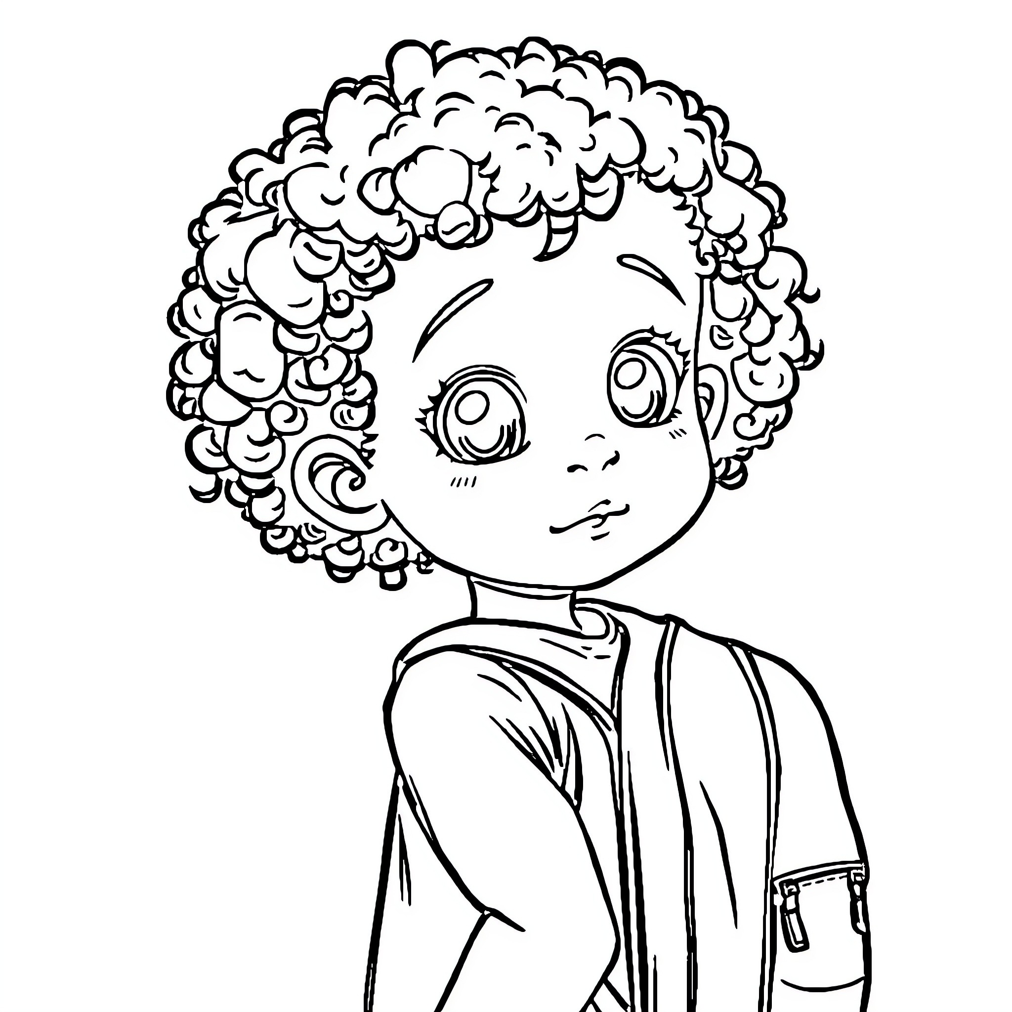 Girl with Curly Hair in Casual Outfit Coloring Page (free black-and-white line drawing printable PDF for all, from beginners to advanced learners, including children, teens, adults, and seniors)