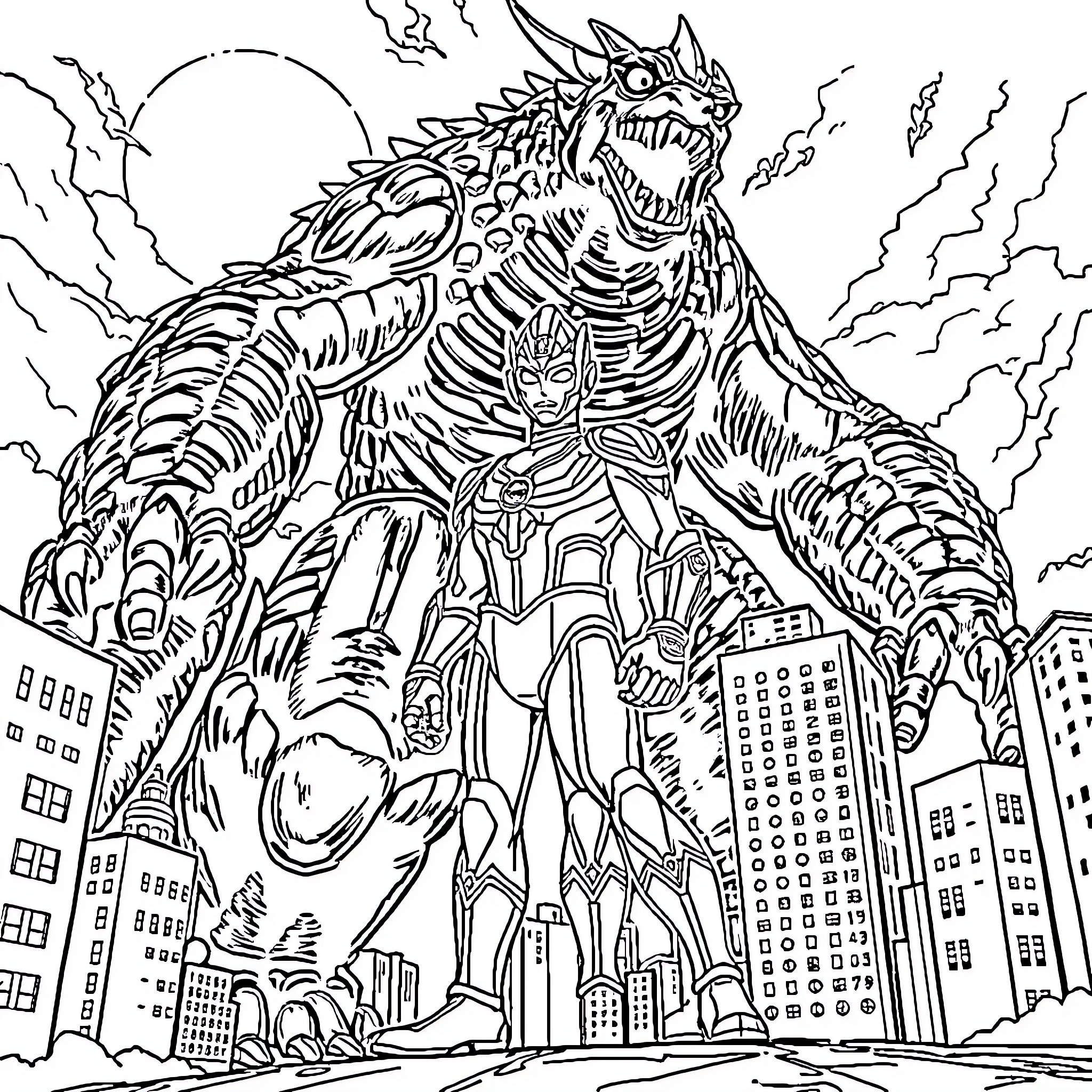 Ultraman battling a monstrous foe in a cityscape Coloring Page (free black-and-white line drawing printable PDF for all, from beginners to advanced learners, including children, teens, adults, and seniors)