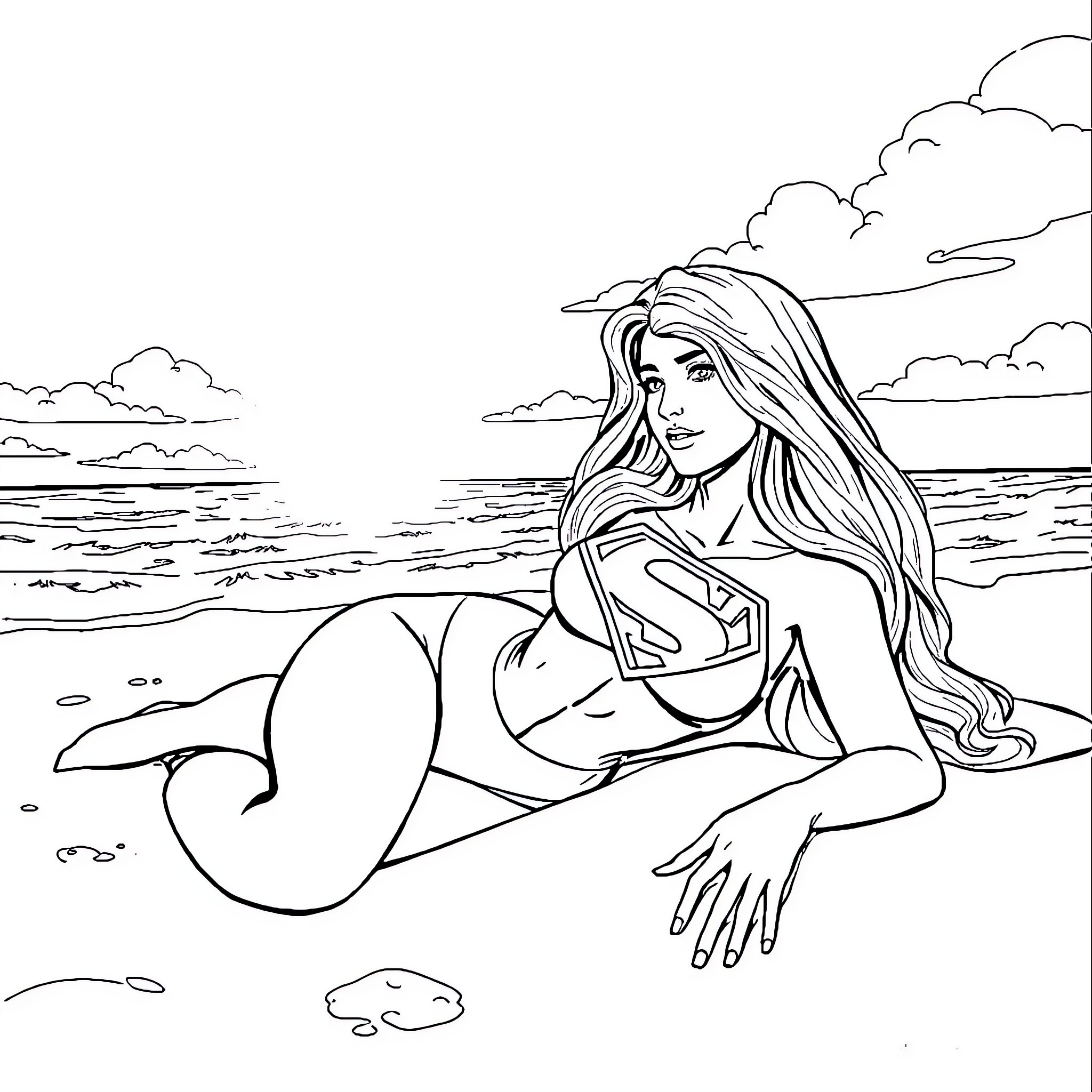 Supergirl relaxing on the beach Coloring Page (free black-and-white line drawing printable PDF for all, from beginners to advanced learners, including children, teens, adults, and seniors)