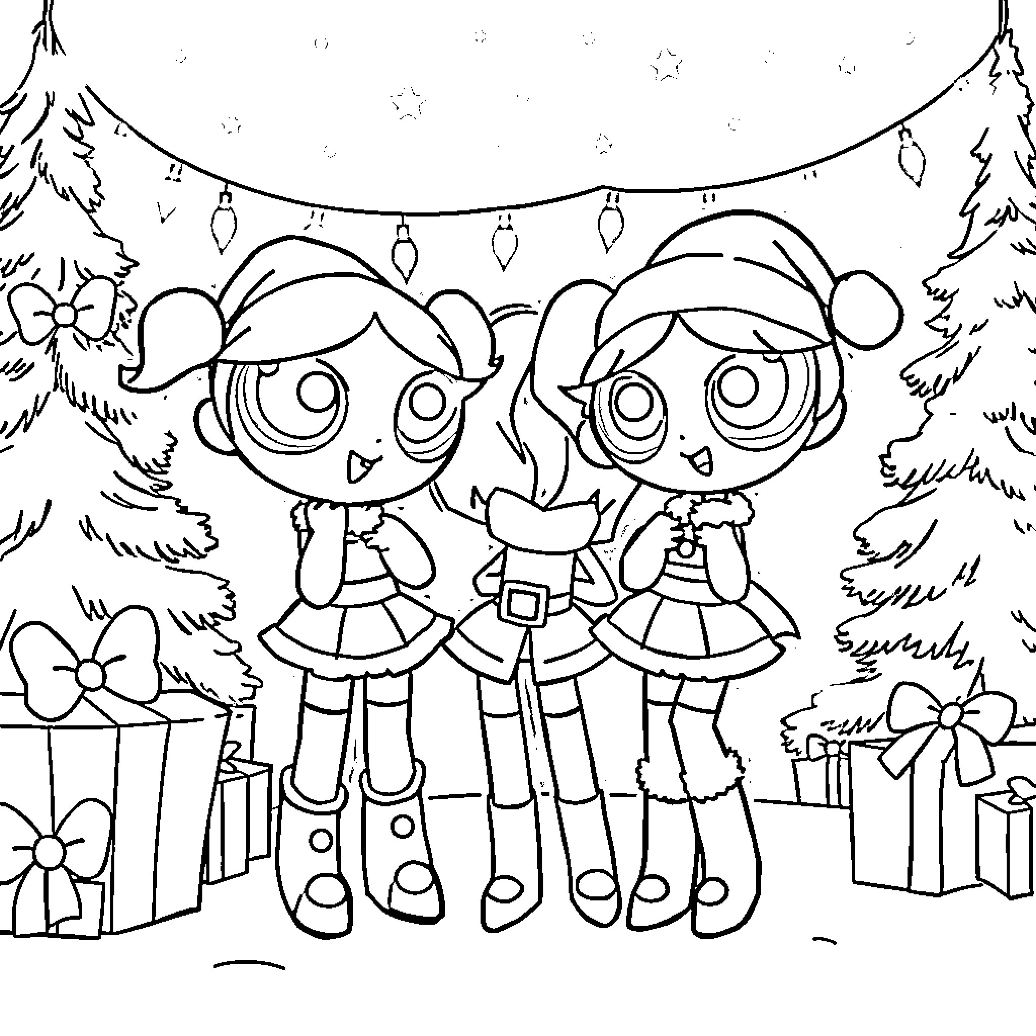 Powerpuff Girls enjoying Christmas celebration Coloring Page (free black-and-white line drawing printable PDF for all, from beginners to advanced learners, including children, teens, adults, and seniors)