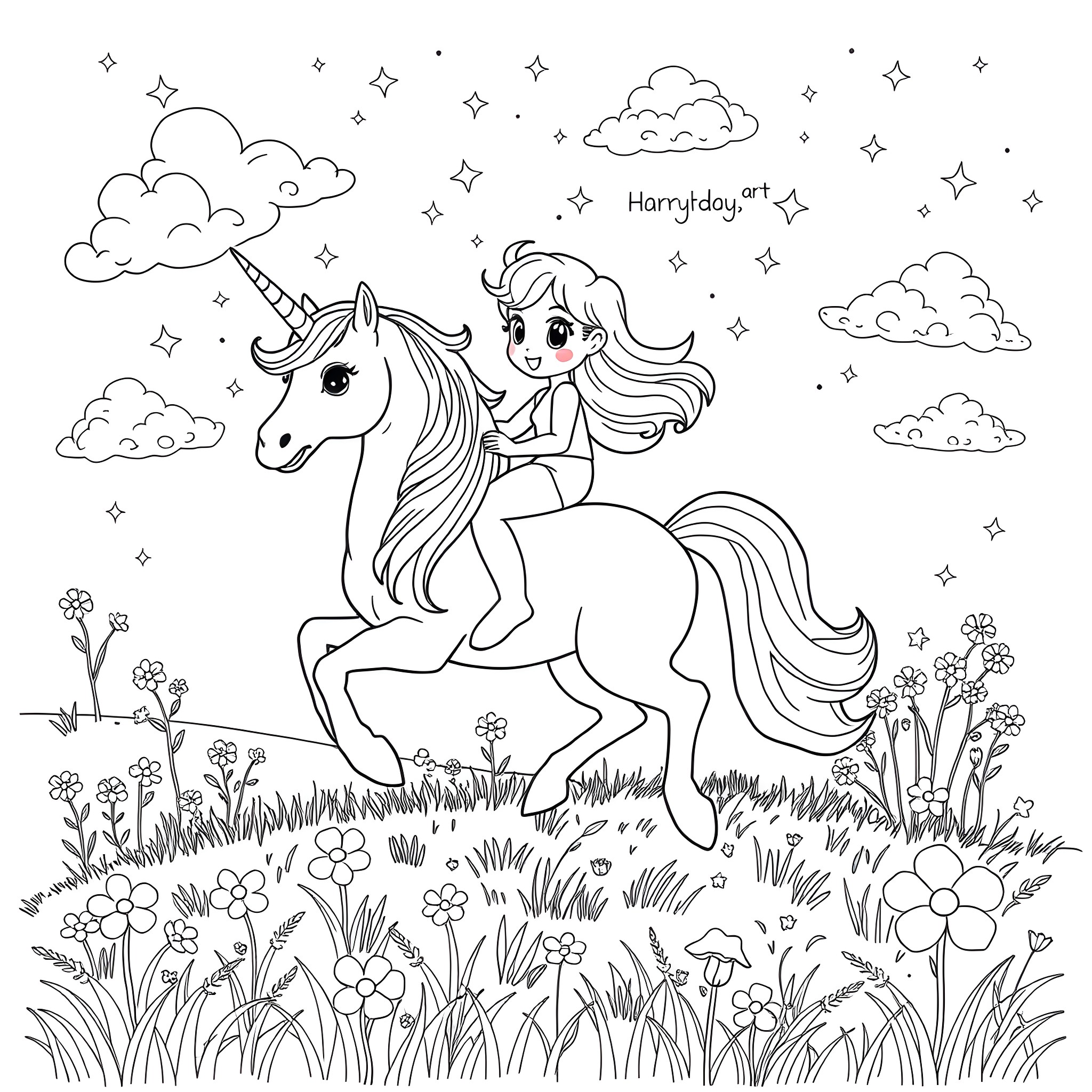 Bluey's Magical Unicorn Adventure Coloring Page (free black-and-white line drawing printable PDF for all, from beginners to advanced learners, including children, teens, adults, and seniors)