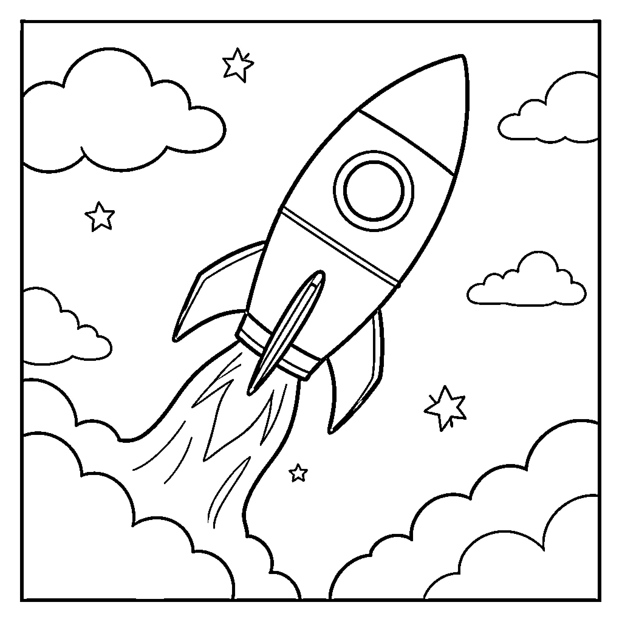 Rocket soaring through the starry sky Coloring Page (free black-and-white line drawing printable PDF for all, from beginners to advanced learners, including children, teens, adults, and seniors)