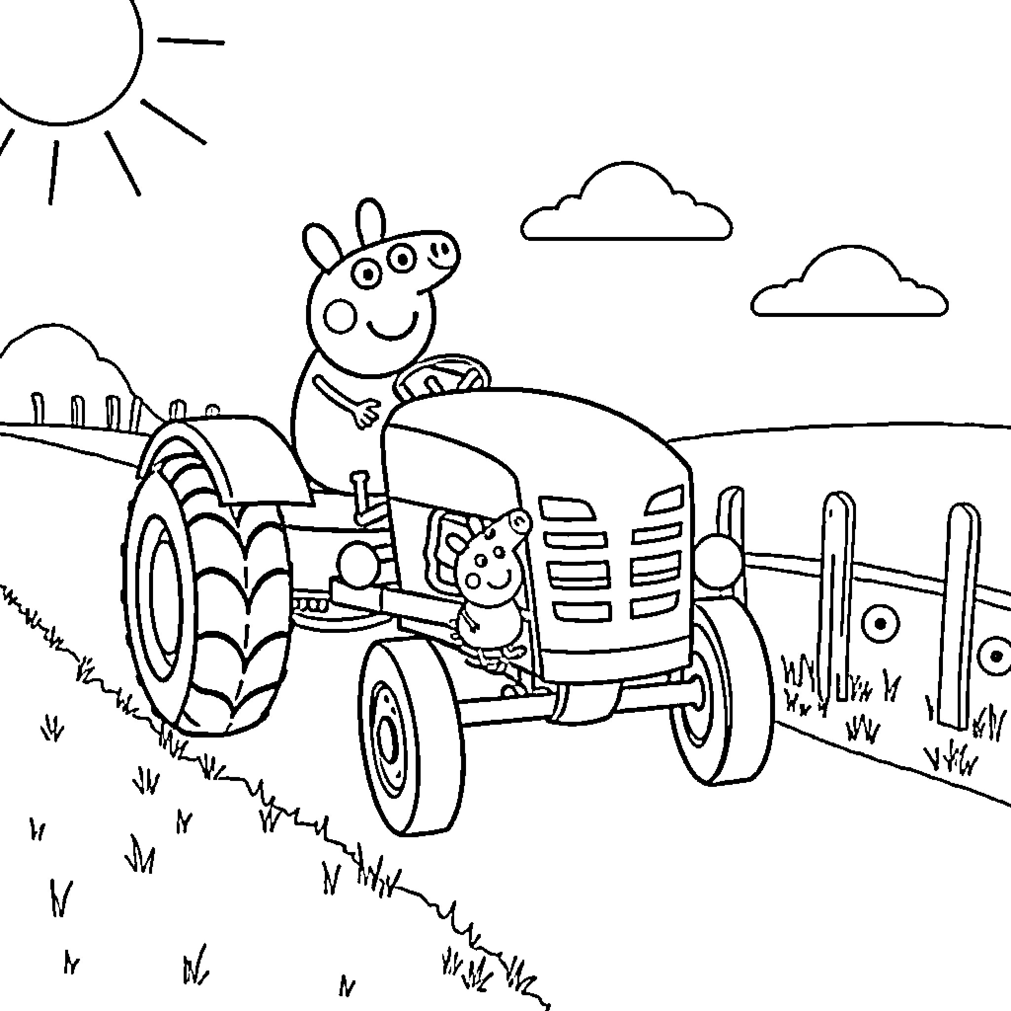 Peppa Pig driving a tractor on the farm Coloring Page (free black-and-white line drawing printable PDF for all, from beginners to advanced learners, including children, teens, adults, and seniors)