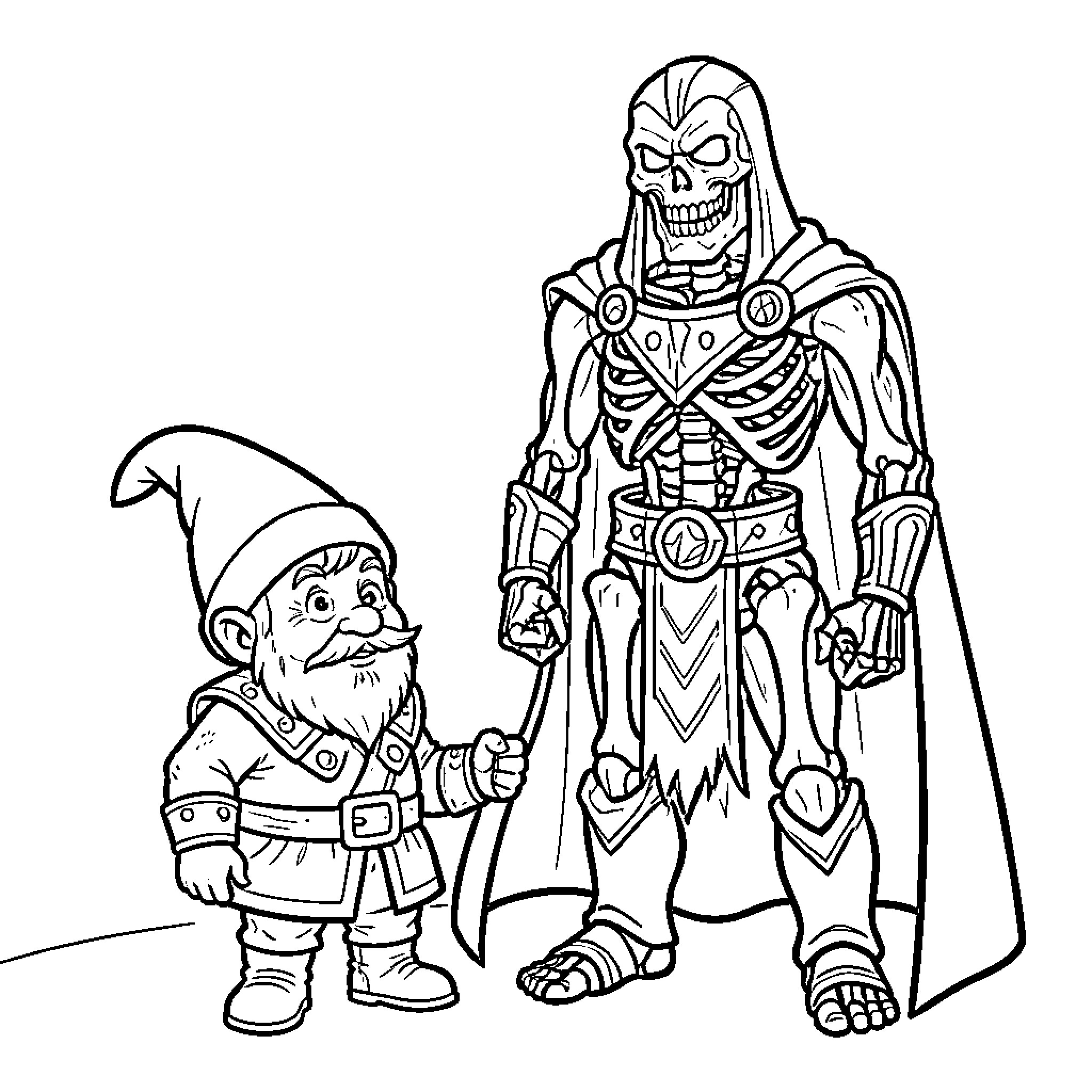 David Gnome and the Skeletal Warrior Coloring Page (free black-and-white line drawing printable PDF for all, from beginners to advanced learners, including children, teens, adults, and seniors)