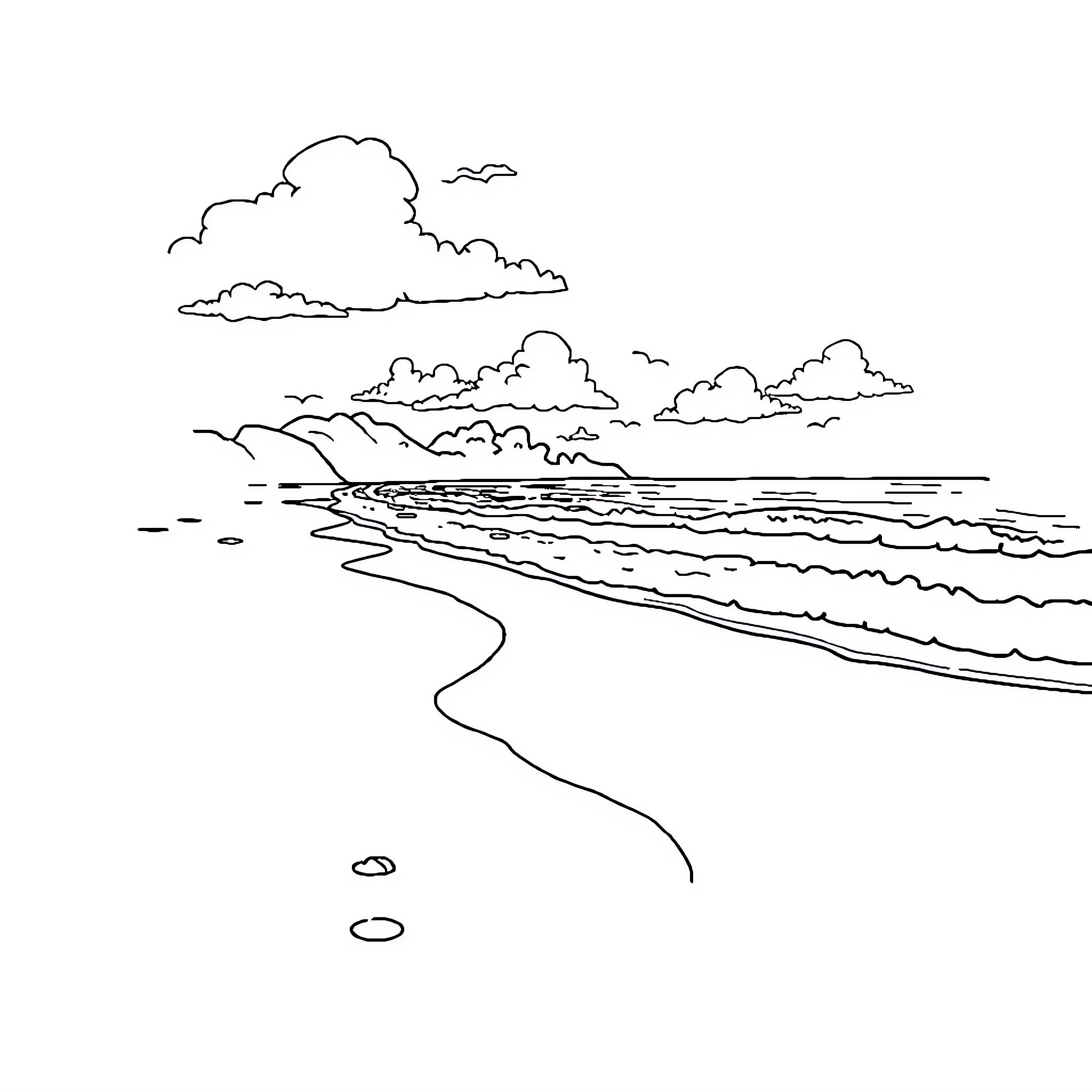 Beach with Clouds and Seashore Coloring Page (free black-and-white line drawing printable PDF for all, from beginners to advanced learners, including children, teens, adults, and seniors)