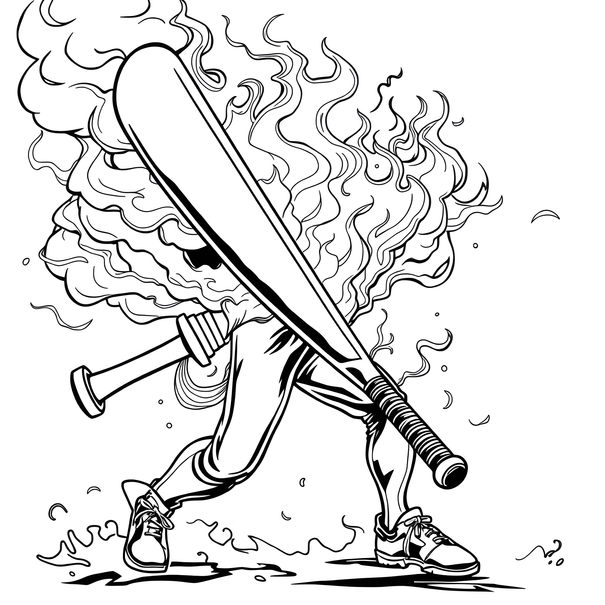 Fire Bat swinging a flaming baseball bat Coloring Page (free black-and-white line drawing printable PDF for all, from beginners to advanced learners, including children, teens, adults, and seniors)