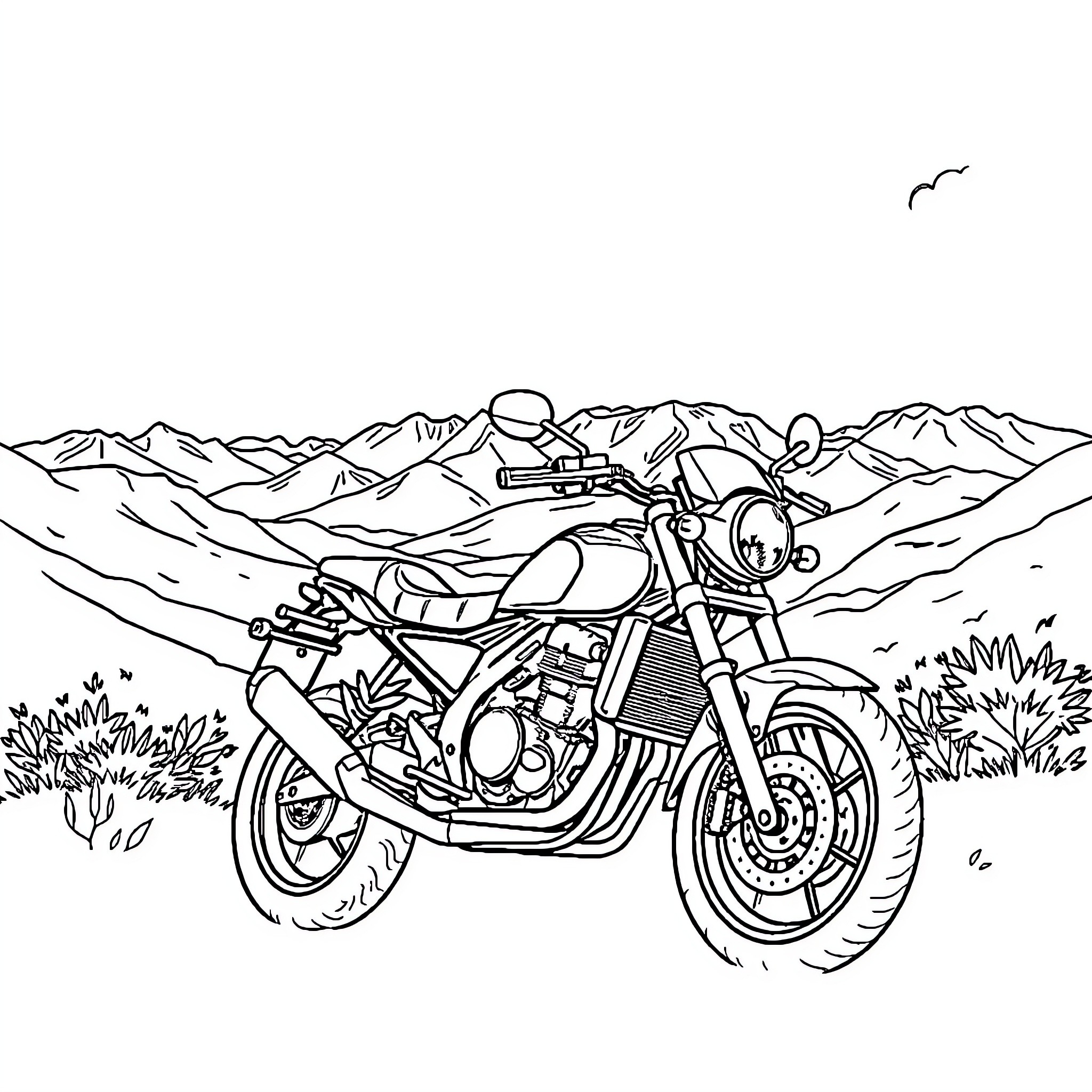 Motosierra Motorcycle Adventure in the Mountains Coloring Page (free black-and-white line drawing printable PDF for all, from beginners to advanced learners, including children, teens, adults, and seniors)