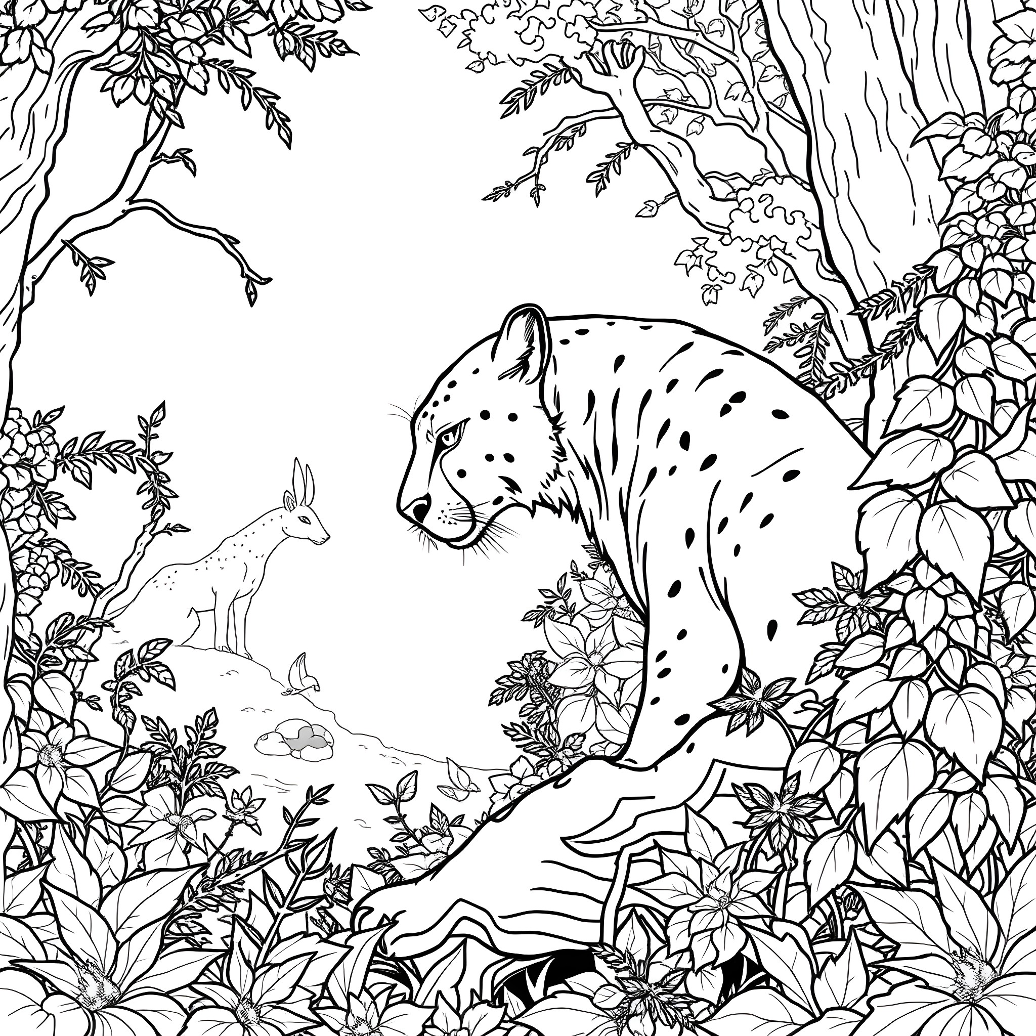 Panther in the Lush Jungle with Wildlife Coloring Page (free black-and-white line drawing printable PDF for all, from beginners to advanced learners, including children, teens, adults, and seniors)