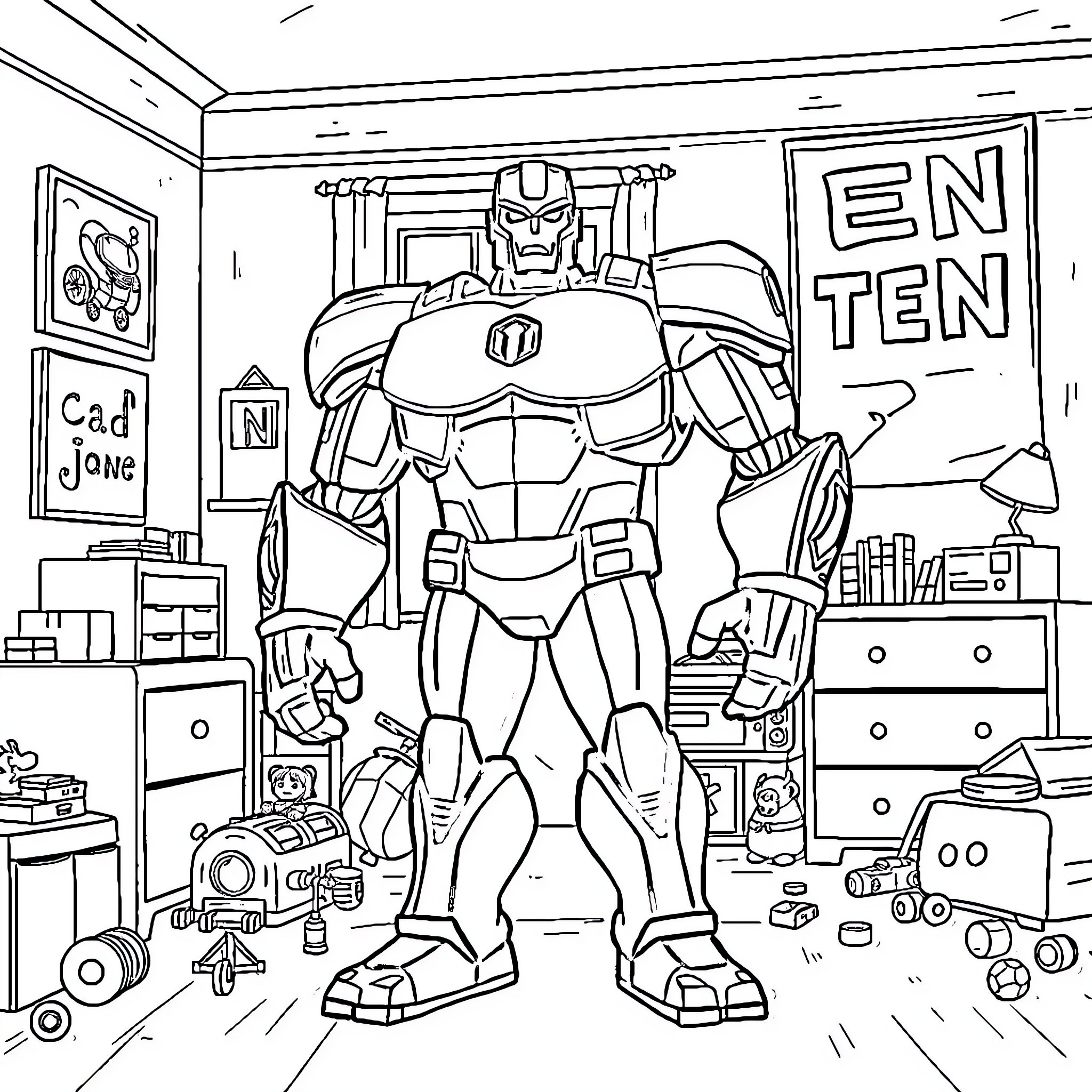 Titan superhero stands guard in a cluttered room Coloring Page (free black-and-white line drawing printable PDF for all, from beginners to advanced learners, including children, teens, adults, and seniors)