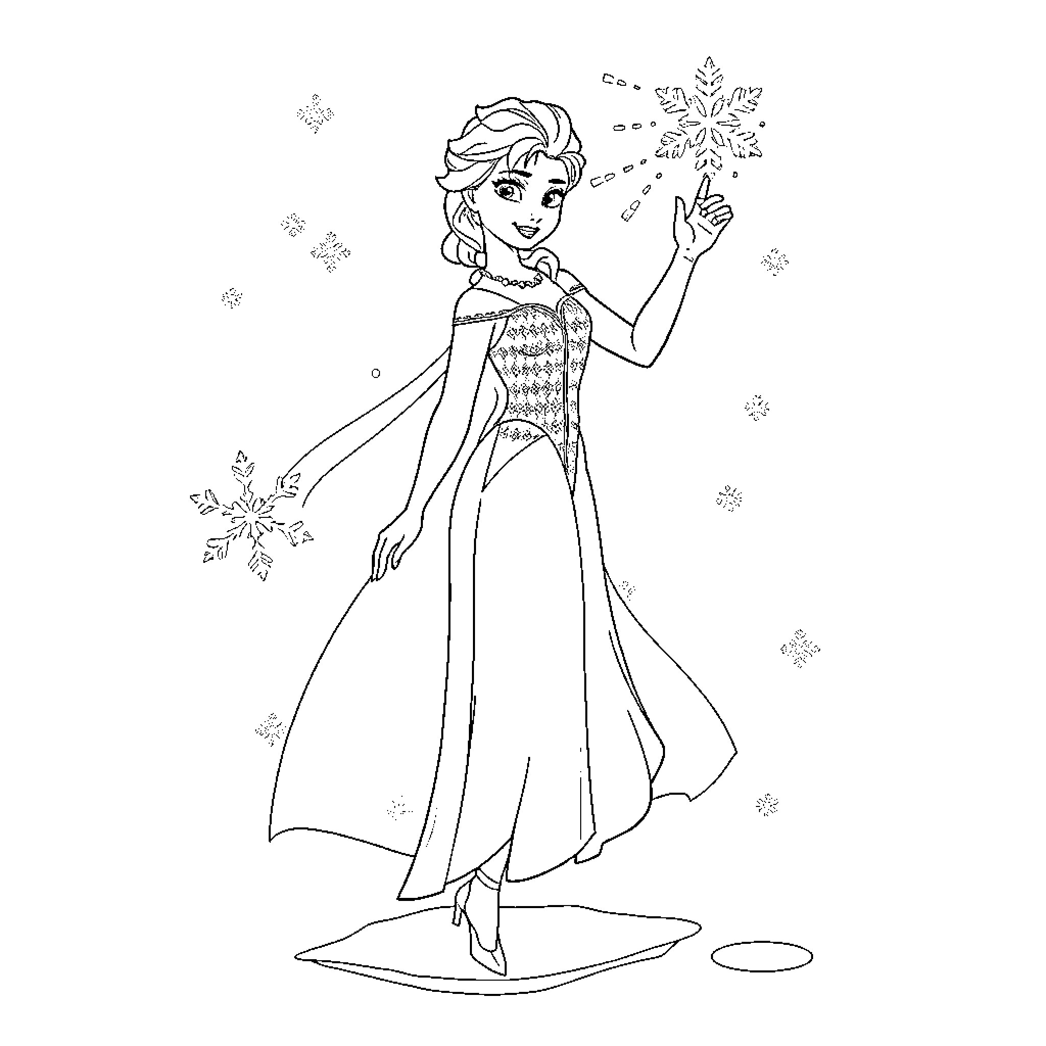 Elsa dancing with snowflakes in winter wonderland Coloring Page (free black-and-white line drawing printable PDF for all, from beginners to advanced learners, including children, teens, adults, and seniors)