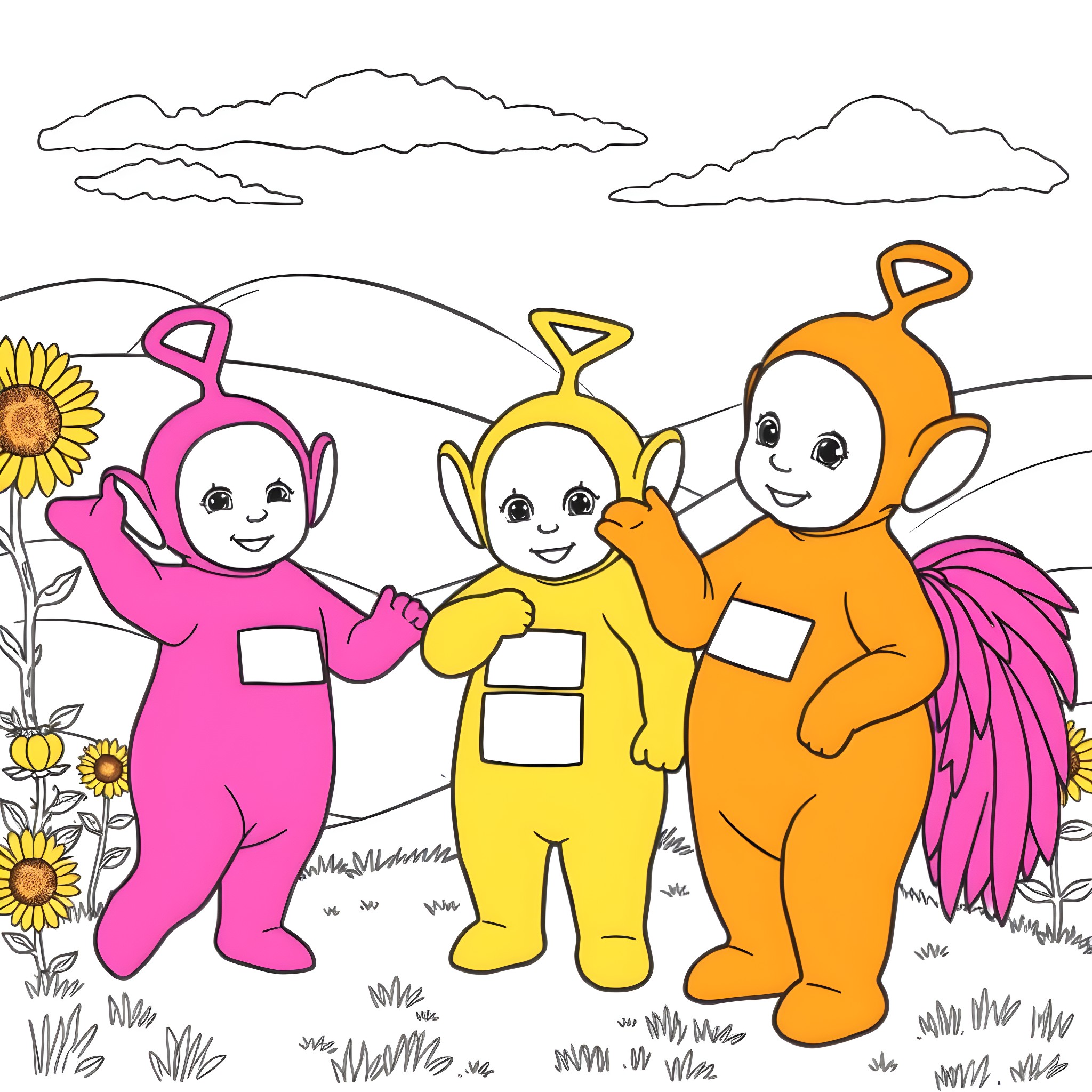Teletubby friends enjoying a sunny day outdoors Coloring Page (free black-and-white line drawing printable PDF for all, from beginners to advanced learners, including children, teens, adults, and seniors)