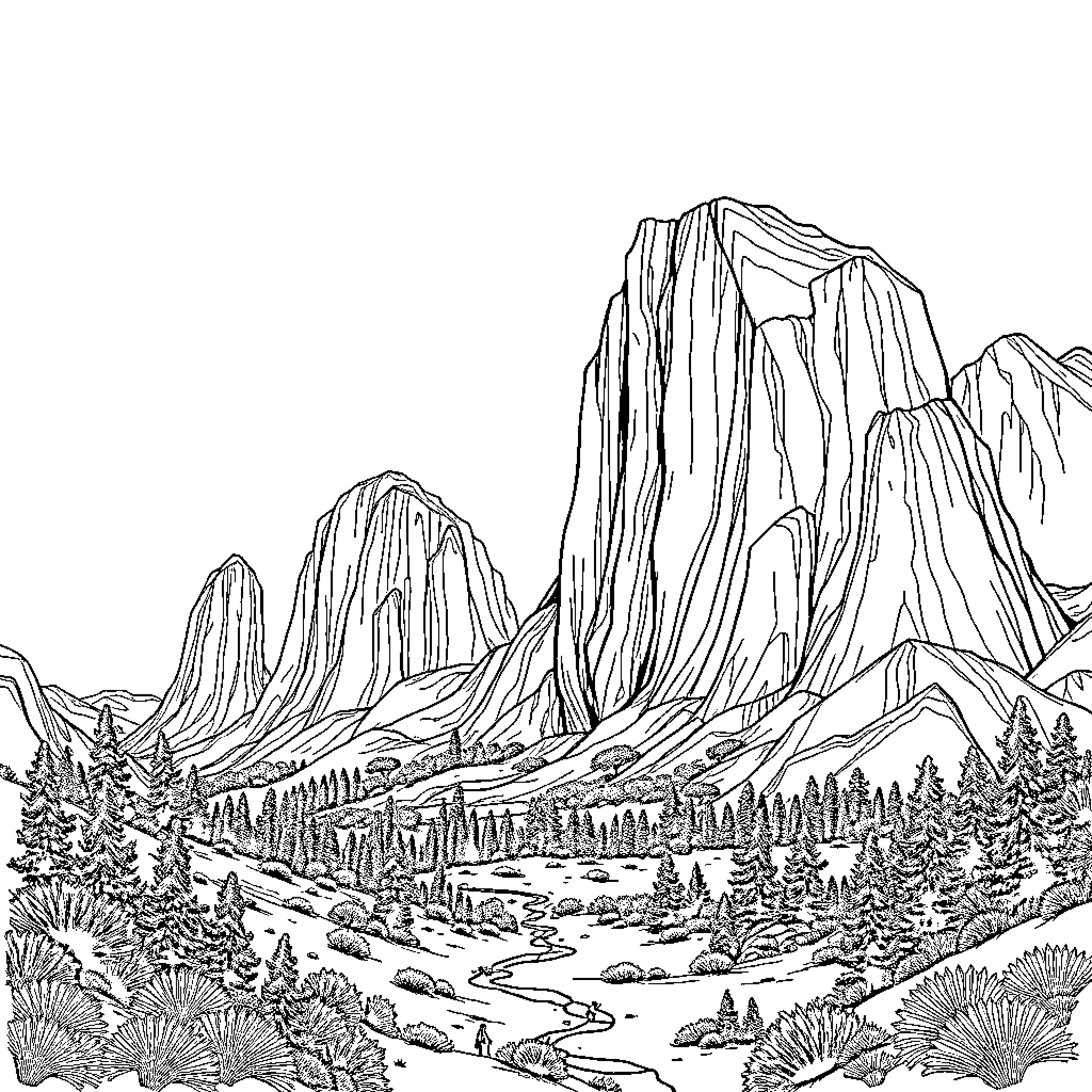 Giant majestic mountain landscape with winding river Coloring Page (free black-and-white line drawing printable PDF for all, from beginners to advanced learners, including children, teens, adults, and seniors)