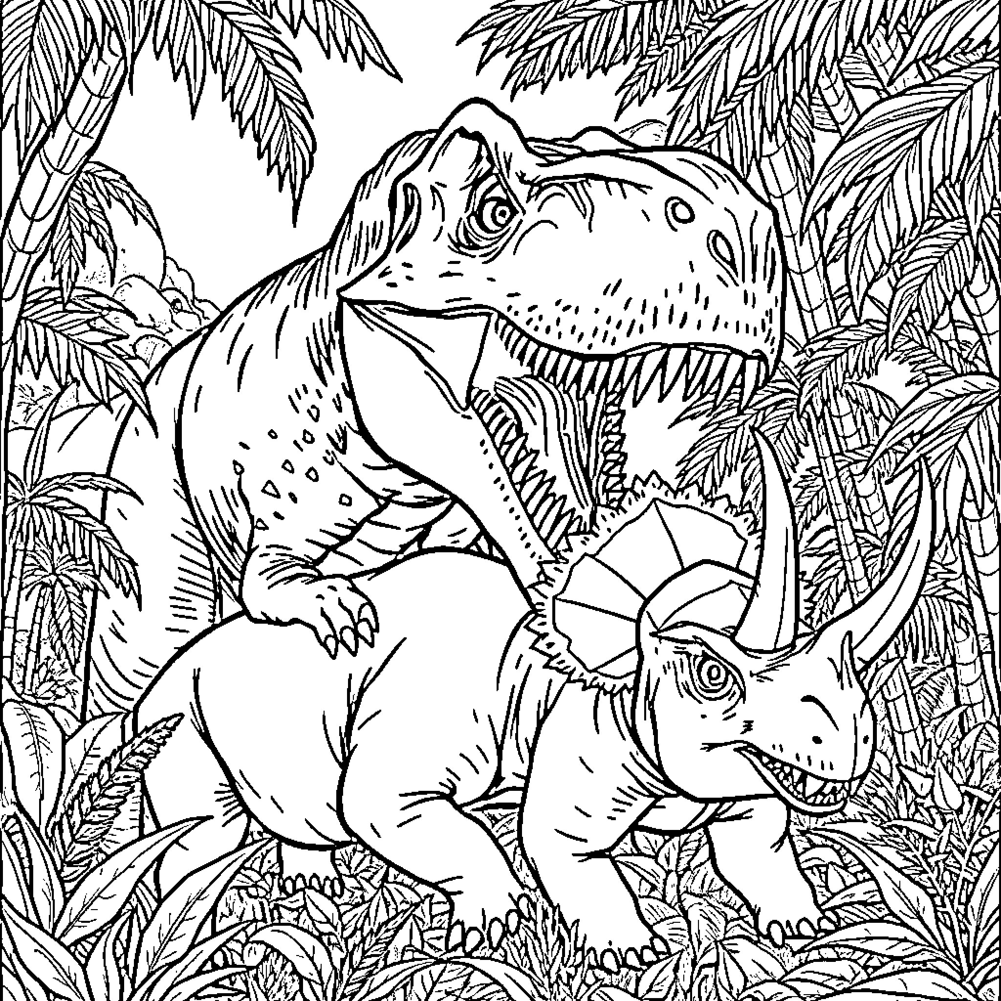 Tyrannosaurus roaming the prehistoric jungle Coloring Page (free black-and-white line drawing printable PDF for all, from beginners to advanced learners, including children, teens, adults, and seniors)