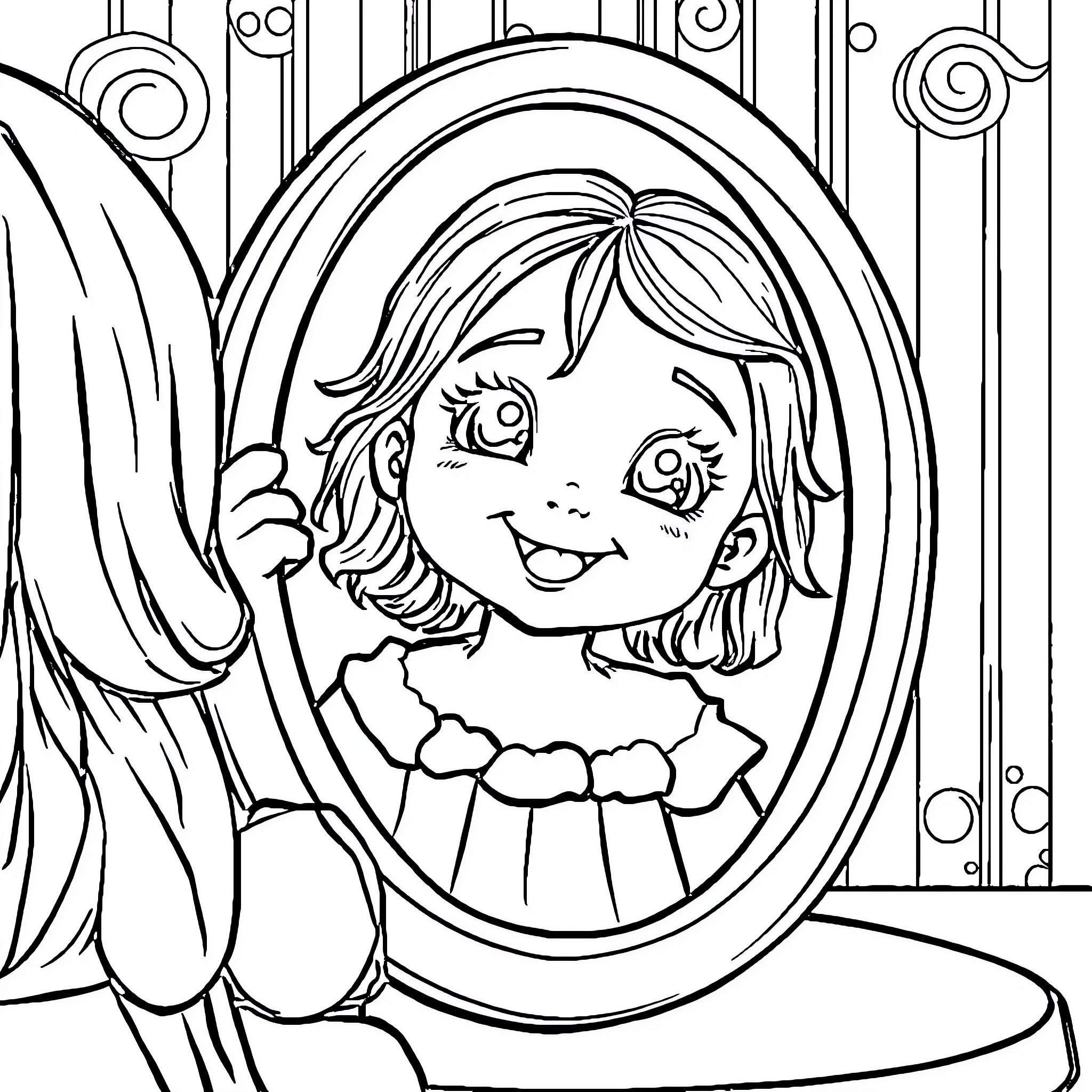 Girl playing happily in a mirror Coloring Page (free black-and-white line drawing printable PDF for all, from beginners to advanced learners, including children, teens, adults, and seniors)