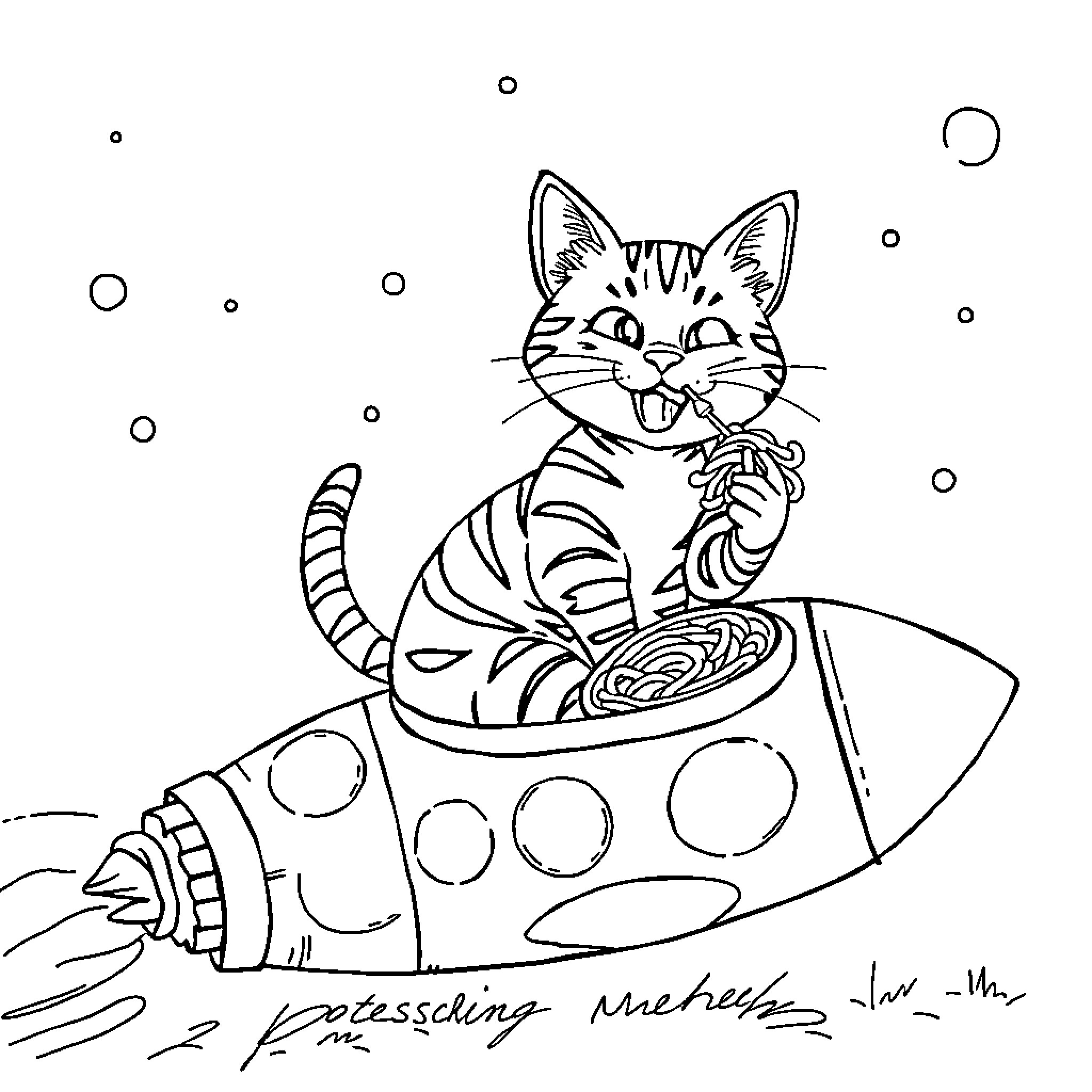 Cat riding a rocket ship in space Coloring Page (free black-and-white line drawing printable PDF for all, from beginners to advanced learners, including children, teens, adults, and seniors)