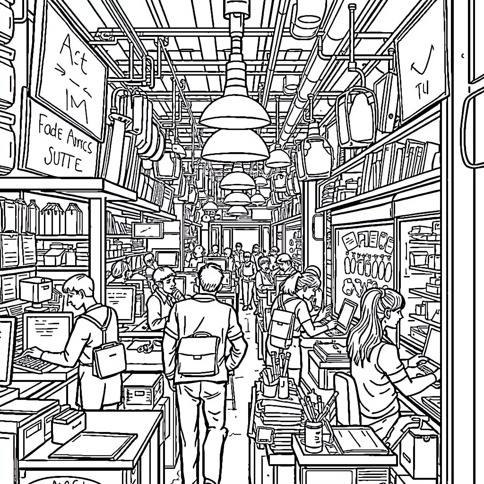Estis Bustling Marketplace with Diverse Patrons Coloring Page (free black-and-white line drawing printable PDF for all, from beginners to advanced learners, including children, teens, adults, and seniors)