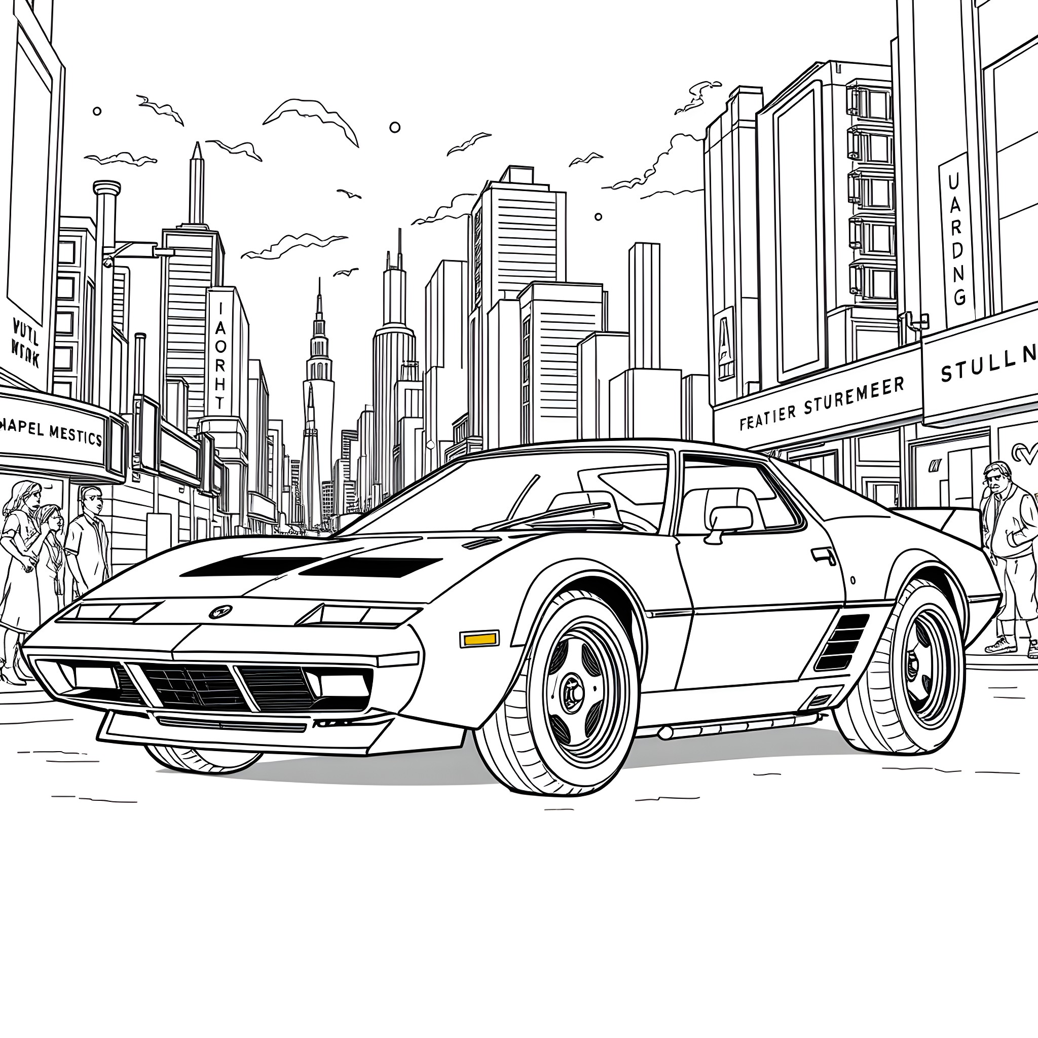 Car in Cityscape with Skyscrapers and People Coloring Page (free black-and-white line drawing printable PDF for all, from beginners to advanced learners, including children, teens, adults, and seniors)