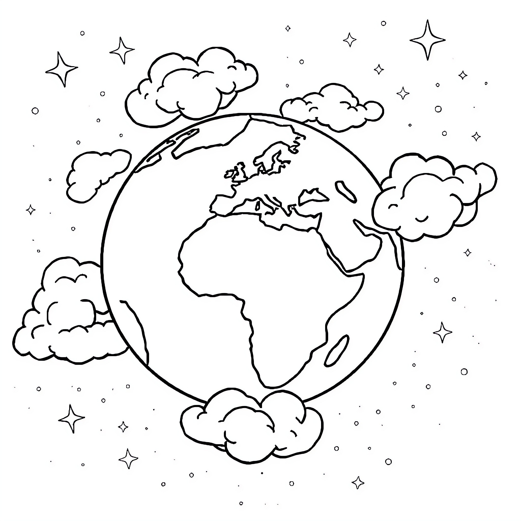 Earth surrounded by clouds and stars Coloring Page (free black-and-white line drawing printable PDF for all, from beginners to advanced learners, including children, teens, adults, and seniors)