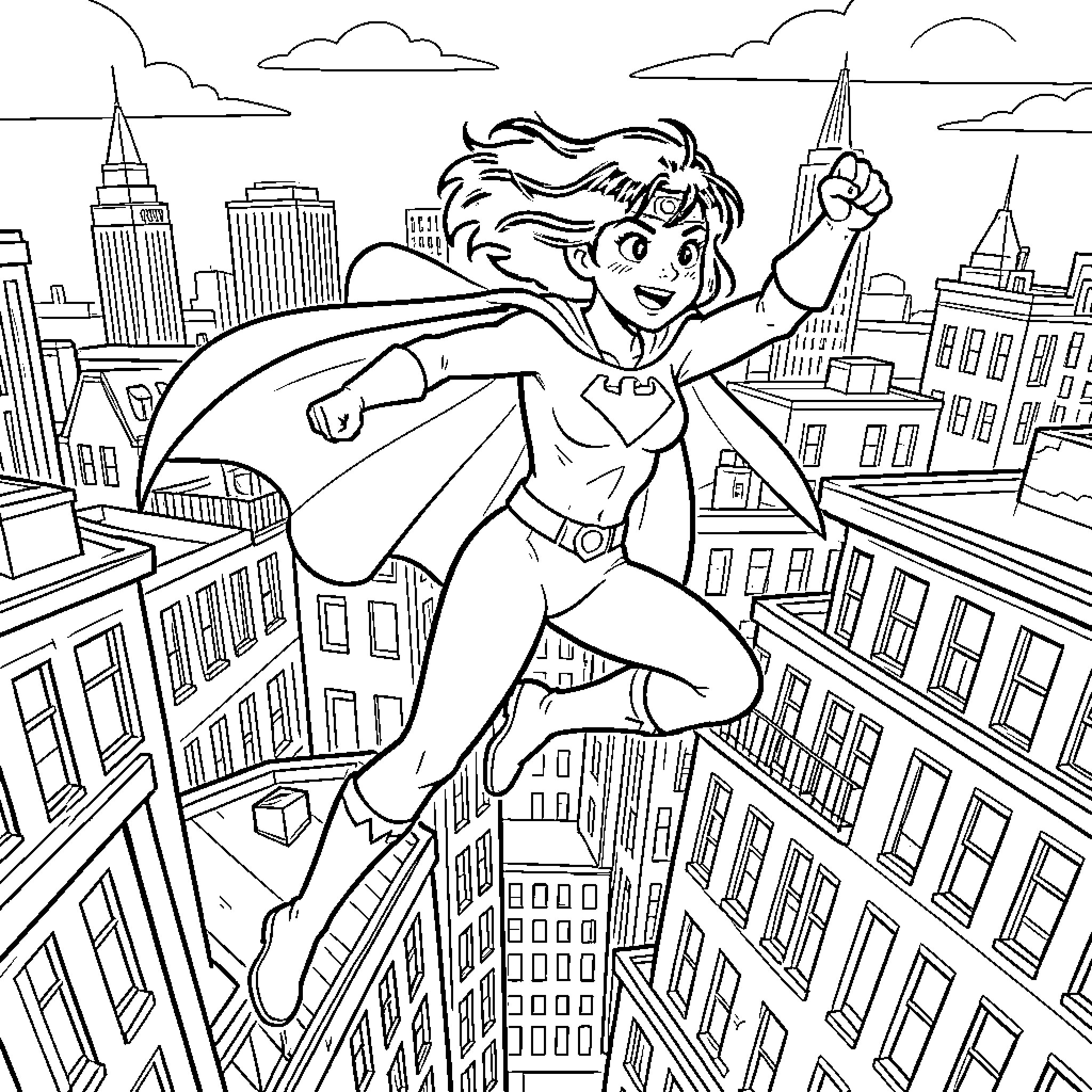 Superhero saving the city with determination Coloring Page (free black-and-white line drawing printable PDF for all, from beginners to advanced learners, including children, teens, adults, and seniors)