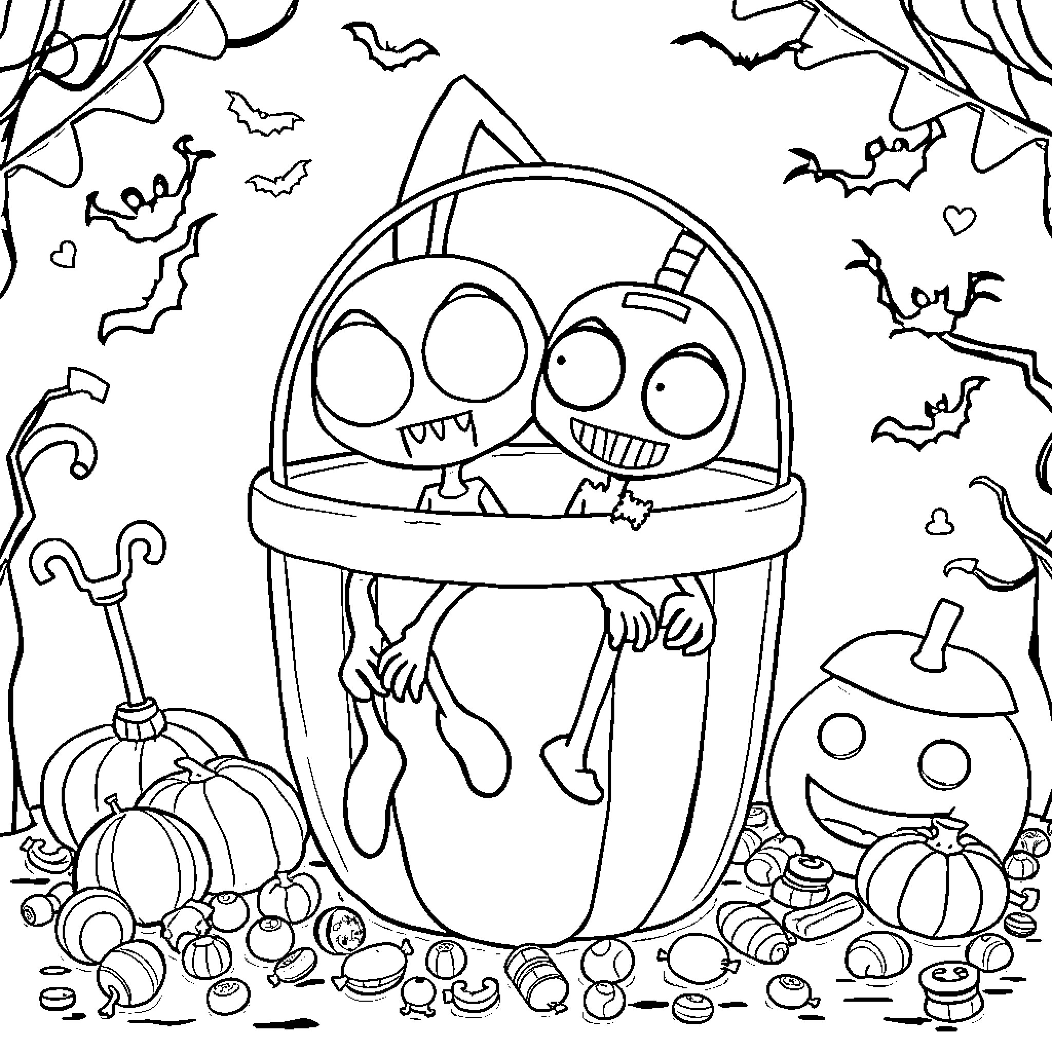 Gir's spooky Halloween adventure Coloring Page (free black-and-white line drawing printable PDF for all, from beginners to advanced learners, including children, teens, adults, and seniors)