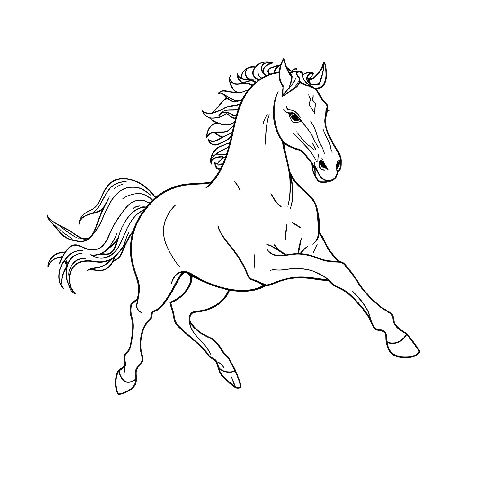 Horse galloping in motion Coloring Page (free black-and-white line drawing printable PDF for all, from beginners to advanced learners, including children, teens, adults, and seniors)