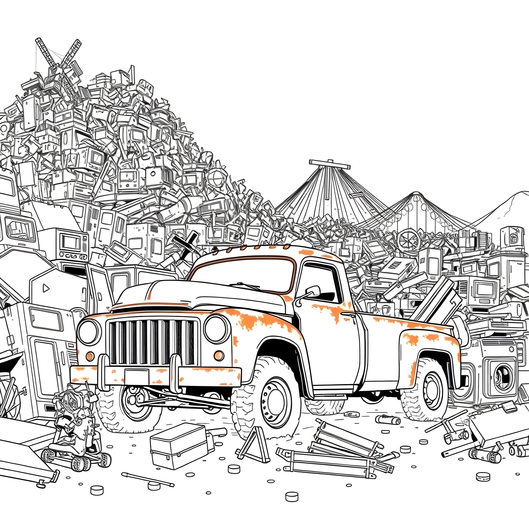 Pick Up Truck in Cluttered Junkyard Coloring Page (free black-and-white line drawing printable PDF for all, from beginners to advanced learners, including children, teens, adults, and seniors)