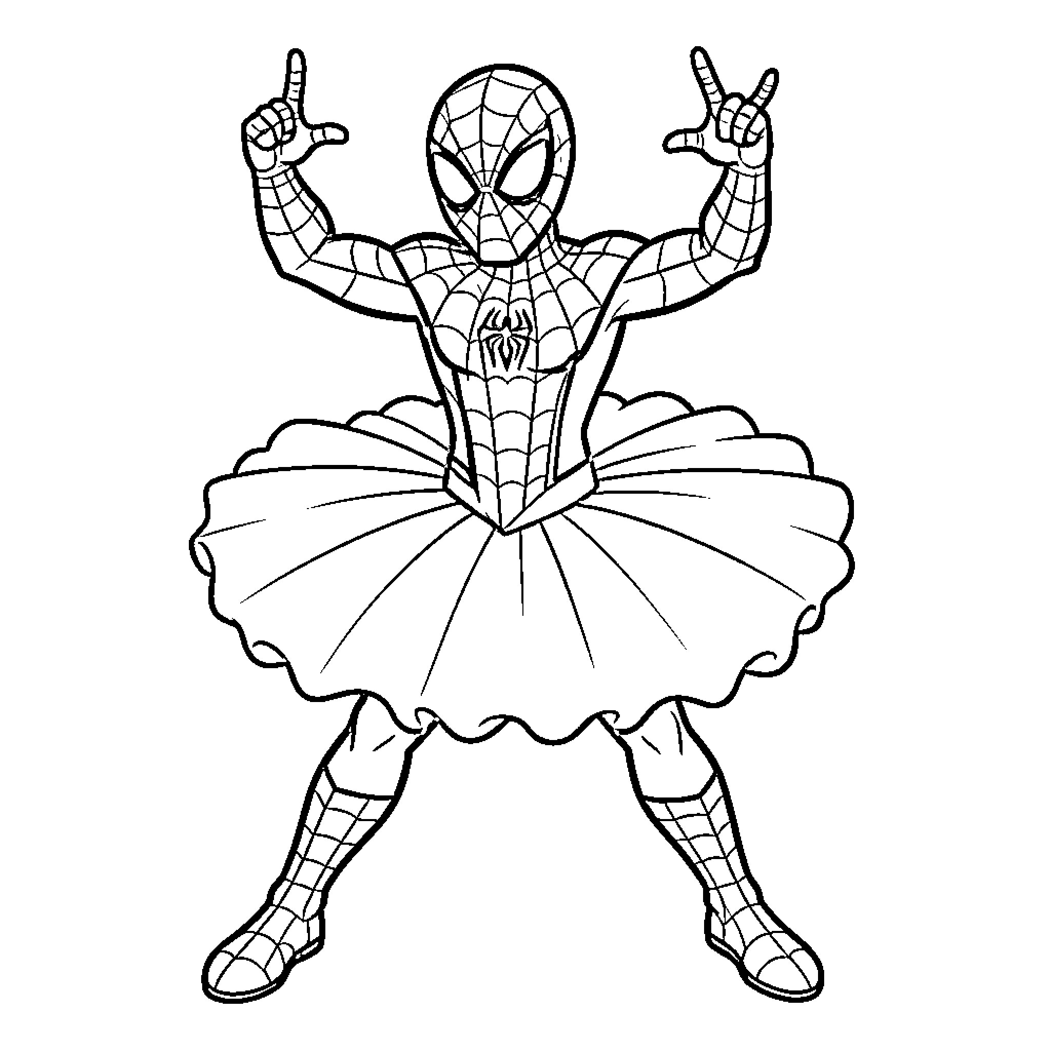 Spiderman doing ballet with costume Coloring Page (free black-and-white line drawing printable PDF for all, from beginners to advanced learners, including children, teens, adults, and seniors)