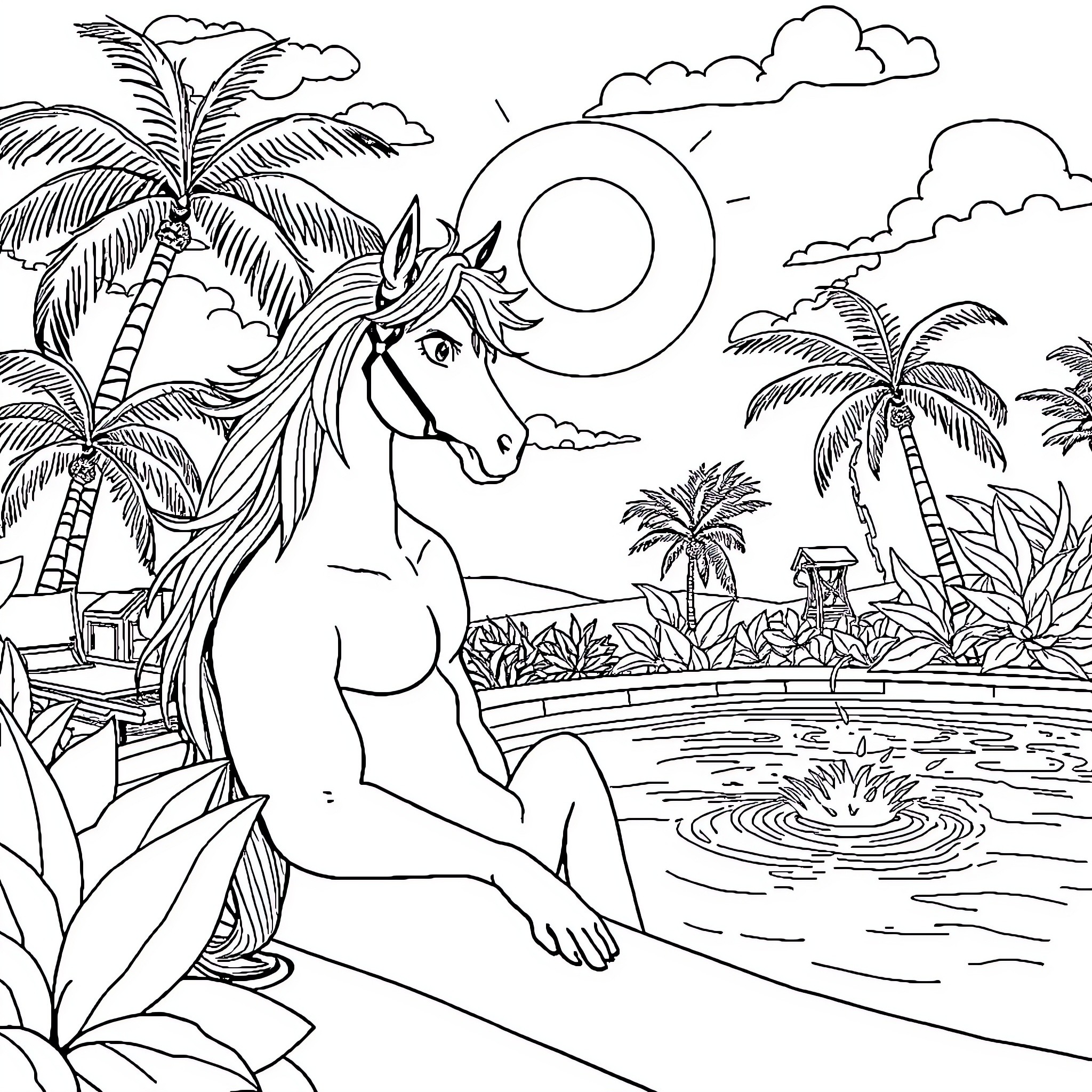 Seiya the unicorn relaxing by the tropical lagoon Coloring Page (free black-and-white line drawing printable PDF for all, from beginners to advanced learners, including children, teens, adults, and seniors)