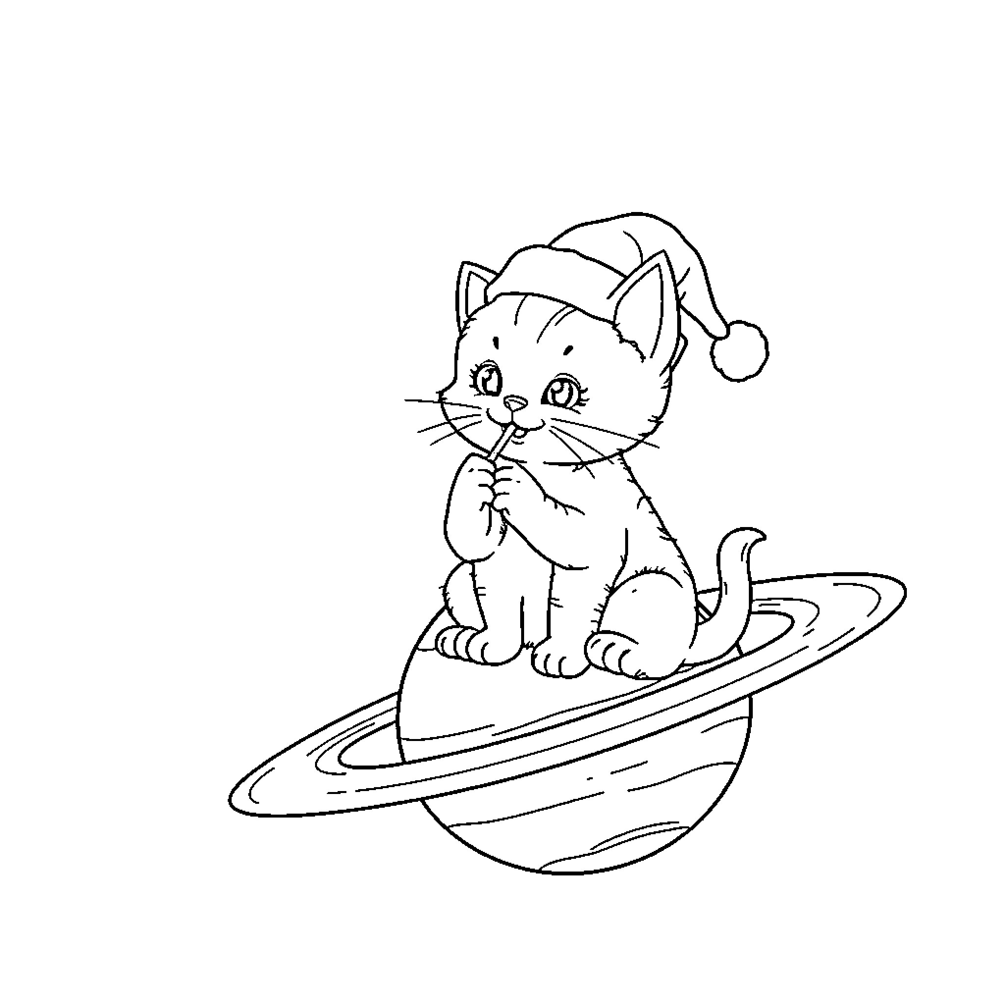 Kitty surfing on a cosmic wave Coloring Page (free black-and-white line drawing printable PDF for all, from beginners to advanced learners, including children, teens, adults, and seniors)