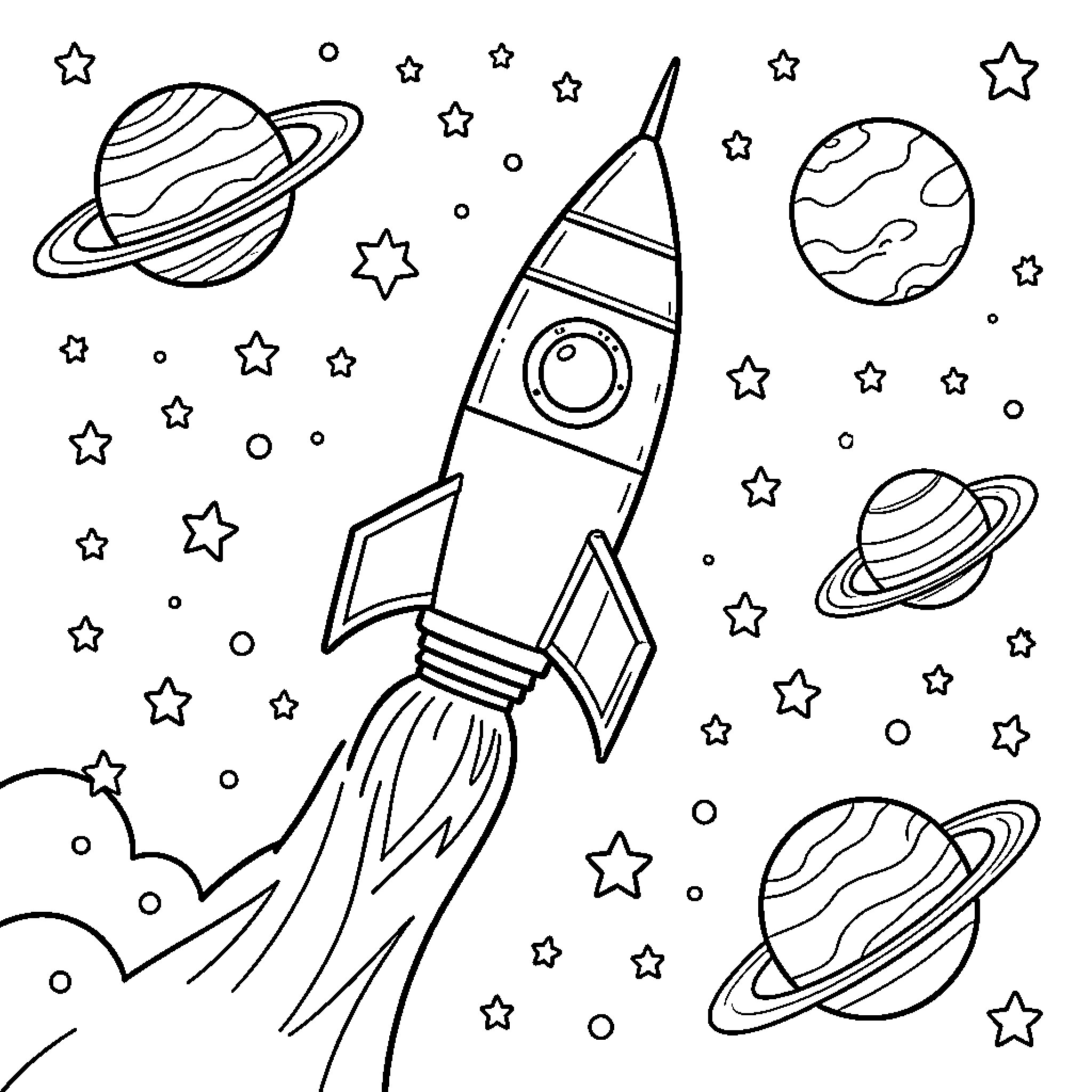 Cohete viajando por el espacio entre planetas y estrellas Coloring Page (free black-and-white line drawing printable PDF for all, from beginners to advanced learners, including children, teens, adults, and seniors)