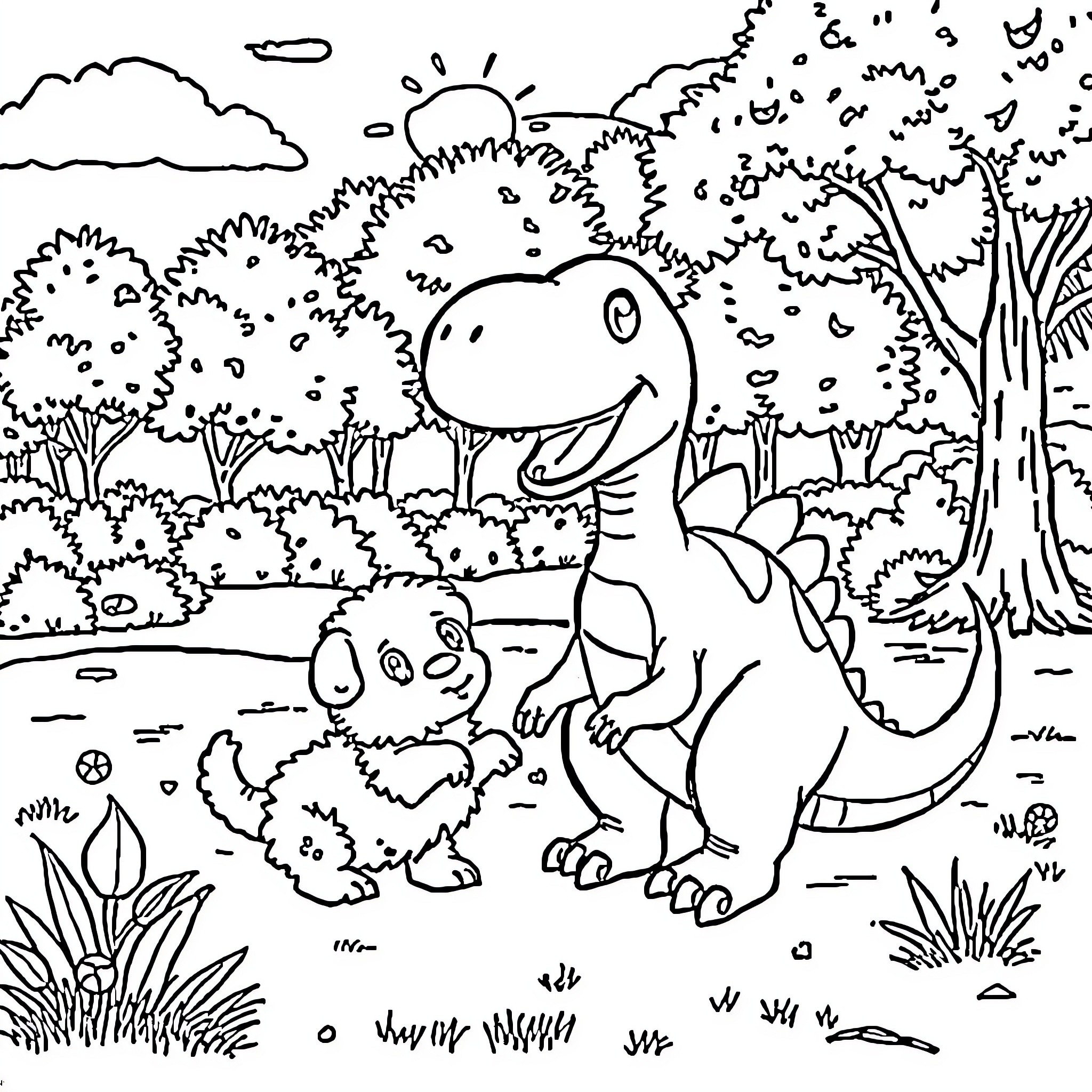 Dinosaur playing happily in the forest Coloring Page (free black-and-white line drawing printable PDF for all, from beginners to advanced learners, including children, teens, adults, and seniors)