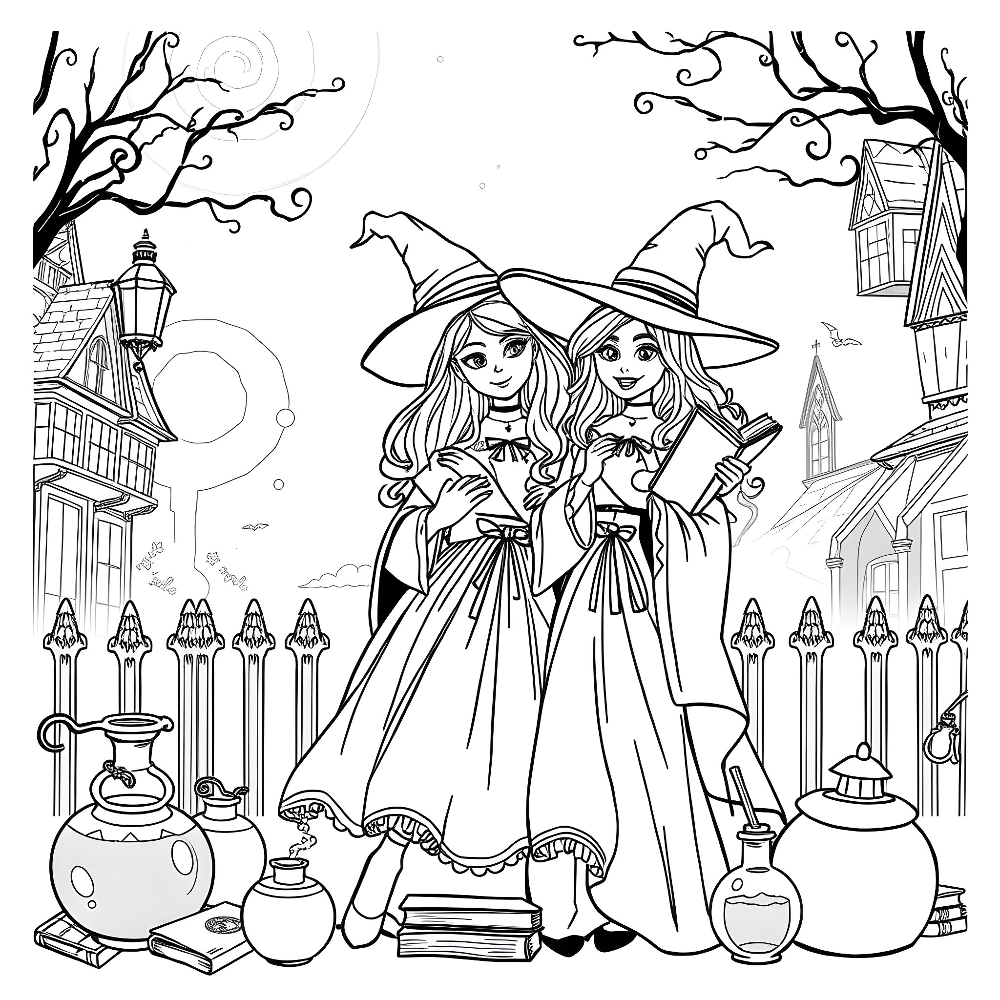 Sanderson Sisters in Magical Witchy Attire Coloring Page (free black-and-white line drawing printable PDF for all, from beginners to advanced learners, including children, teens, adults, and seniors)