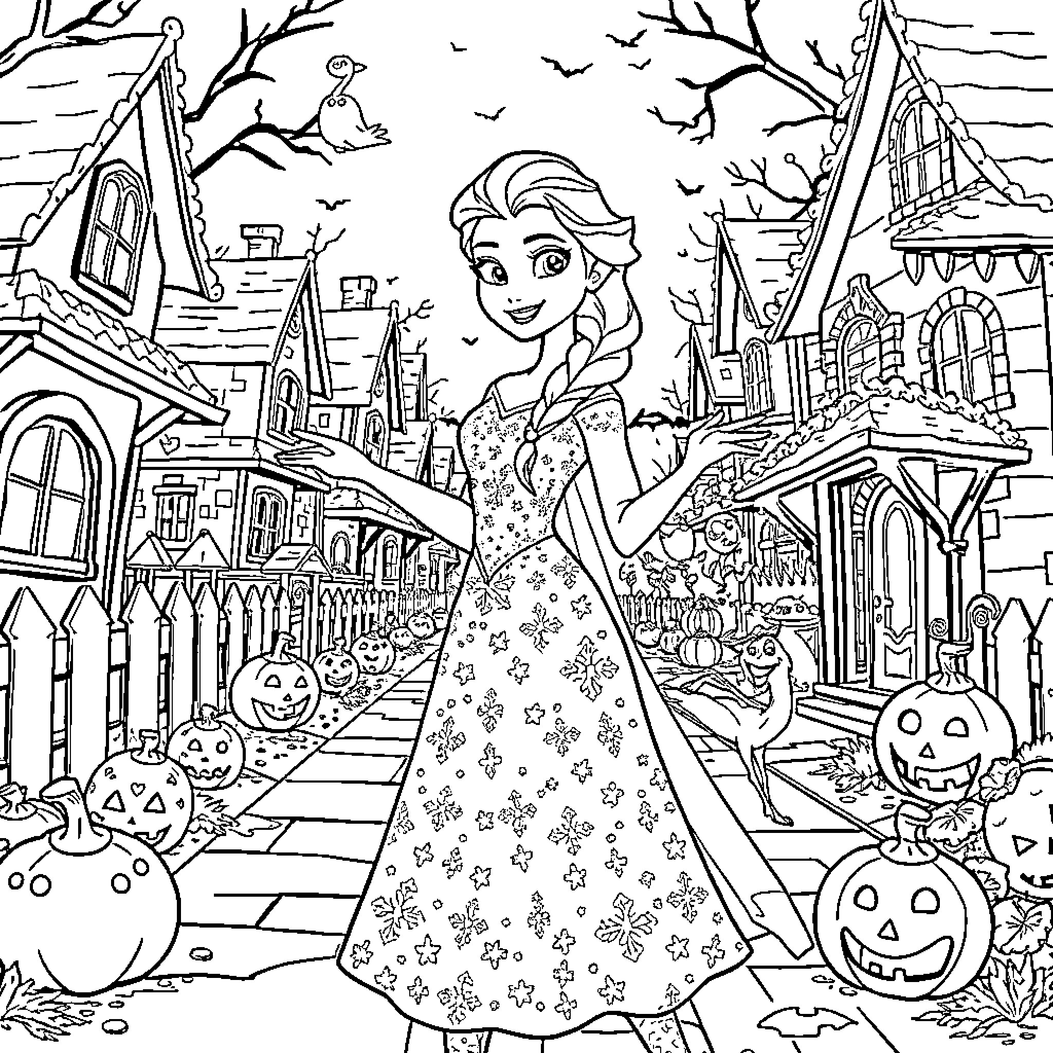 Elsa's Enchanting Halloween Adventure Coloring Page (free black-and-white line drawing printable PDF for all, from beginners to advanced learners, including children, teens, adults, and seniors)