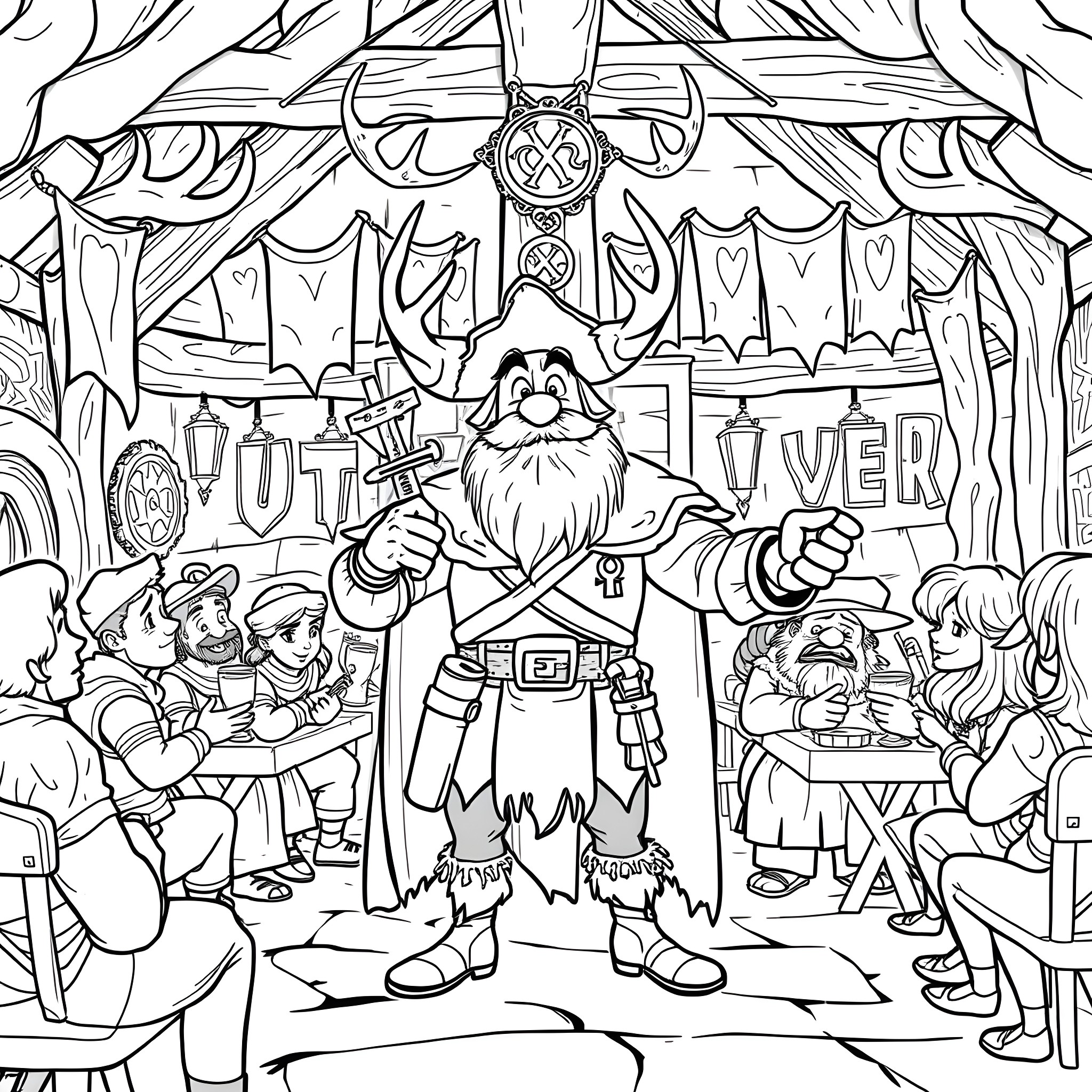 Gastón leading a festive celebration with costumed characters Coloring Page (free black-and-white line drawing printable PDF for all, from beginners to advanced learners, including children, teens, adults, and seniors)