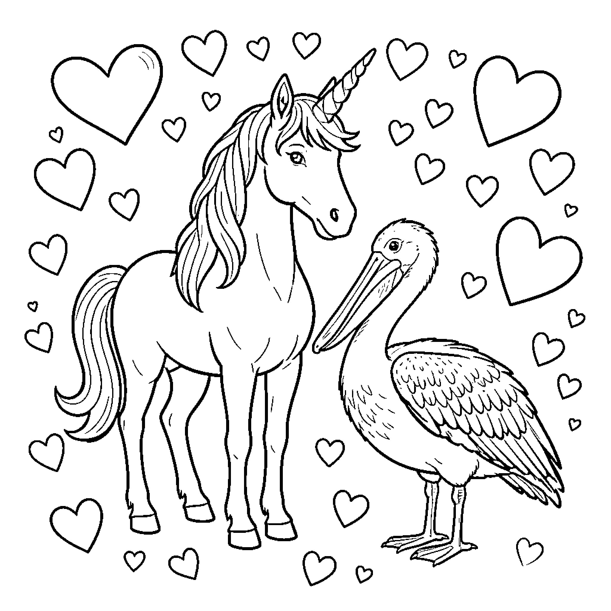 Pelican and Unicorn in Dreamlike Scene Coloring Page (free black-and-white line drawing printable PDF for all, from beginners to advanced learners, including children, teens, adults, and seniors)
