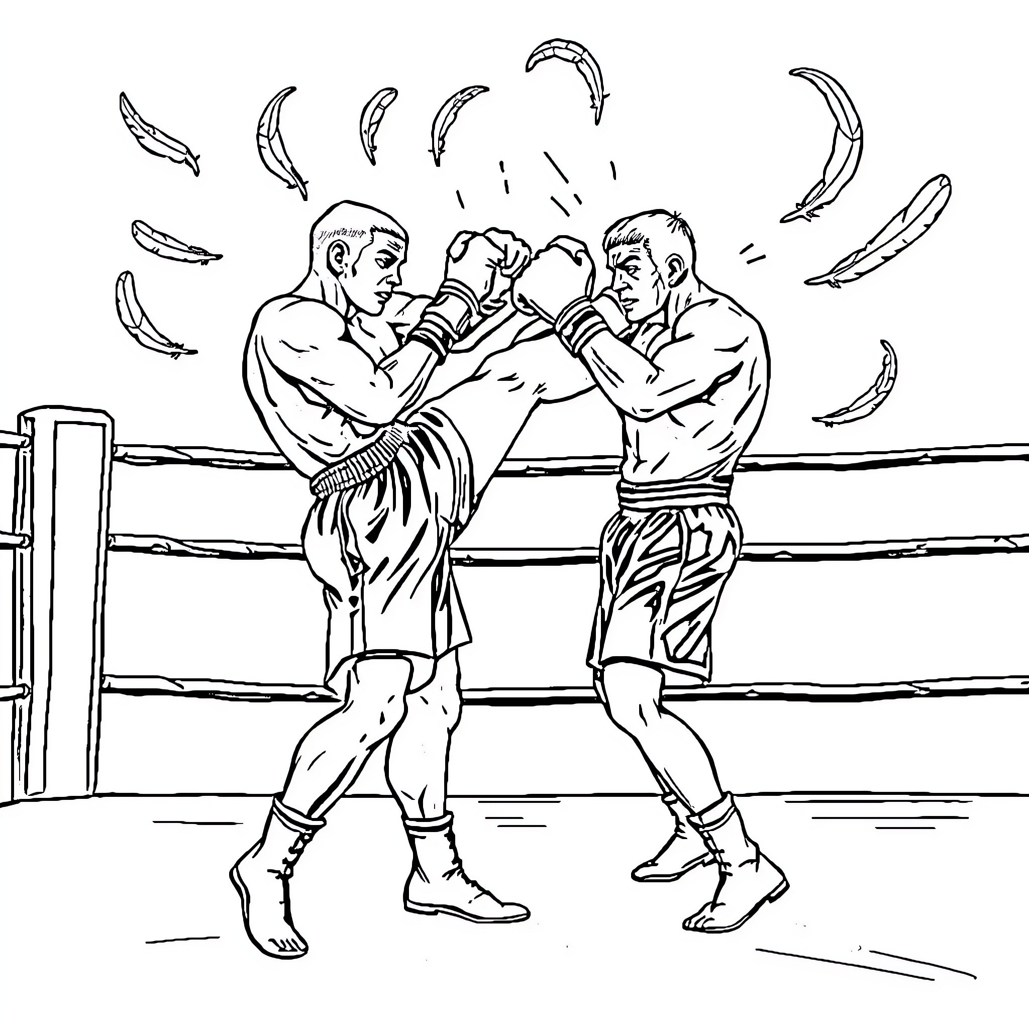 Kickboxers engaged in intense sparring match Coloring Page (free black-and-white line drawing printable PDF for all, from beginners to advanced learners, including children, teens, adults, and seniors)